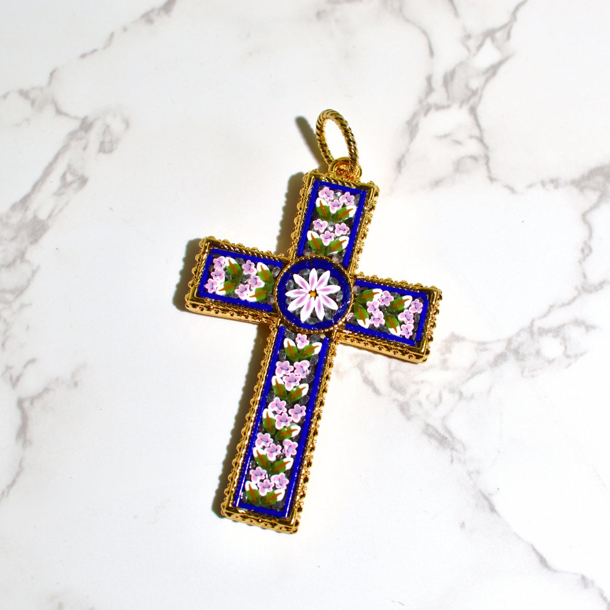 Florentine Mosaic Cross Large Floral Pendant, Made in Italy - My Italian Decor