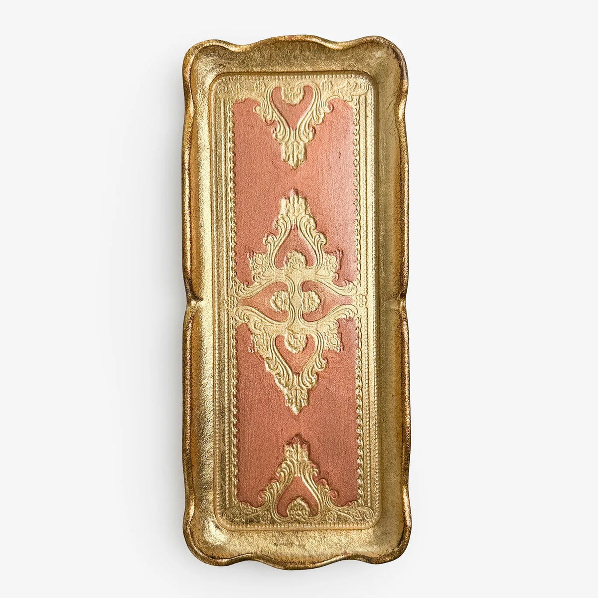 Decorative Florentine carved gilded wood narrow tray with intricate detailing, made in Italy, by My Italian Decor.