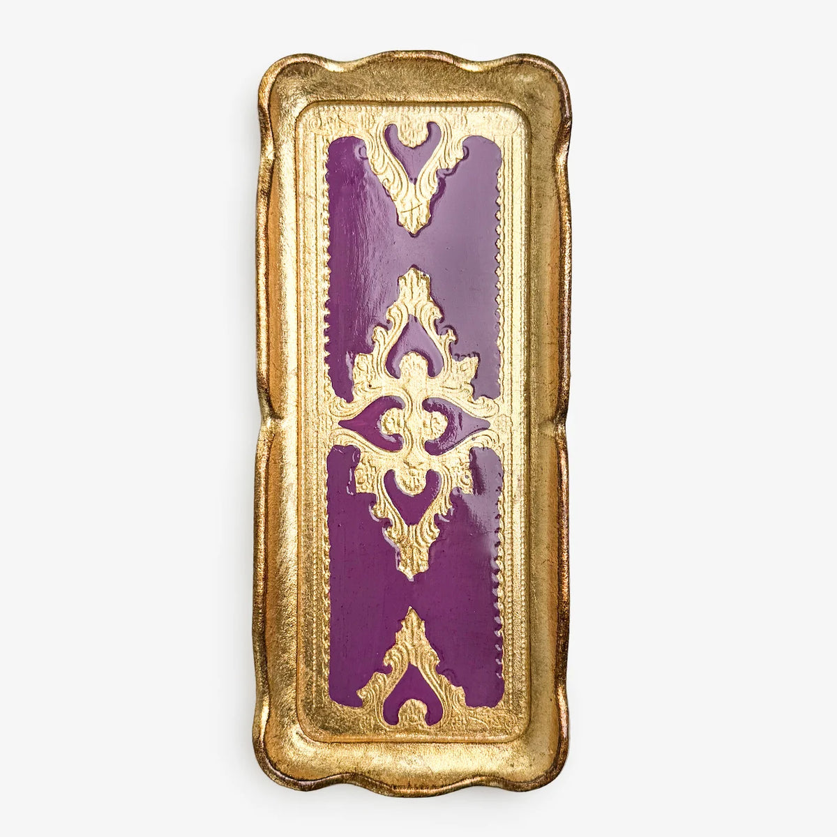 Decorative Florentine carved gilded wood narrow tray from Italy, featuring intricate patterns and a polished finish.