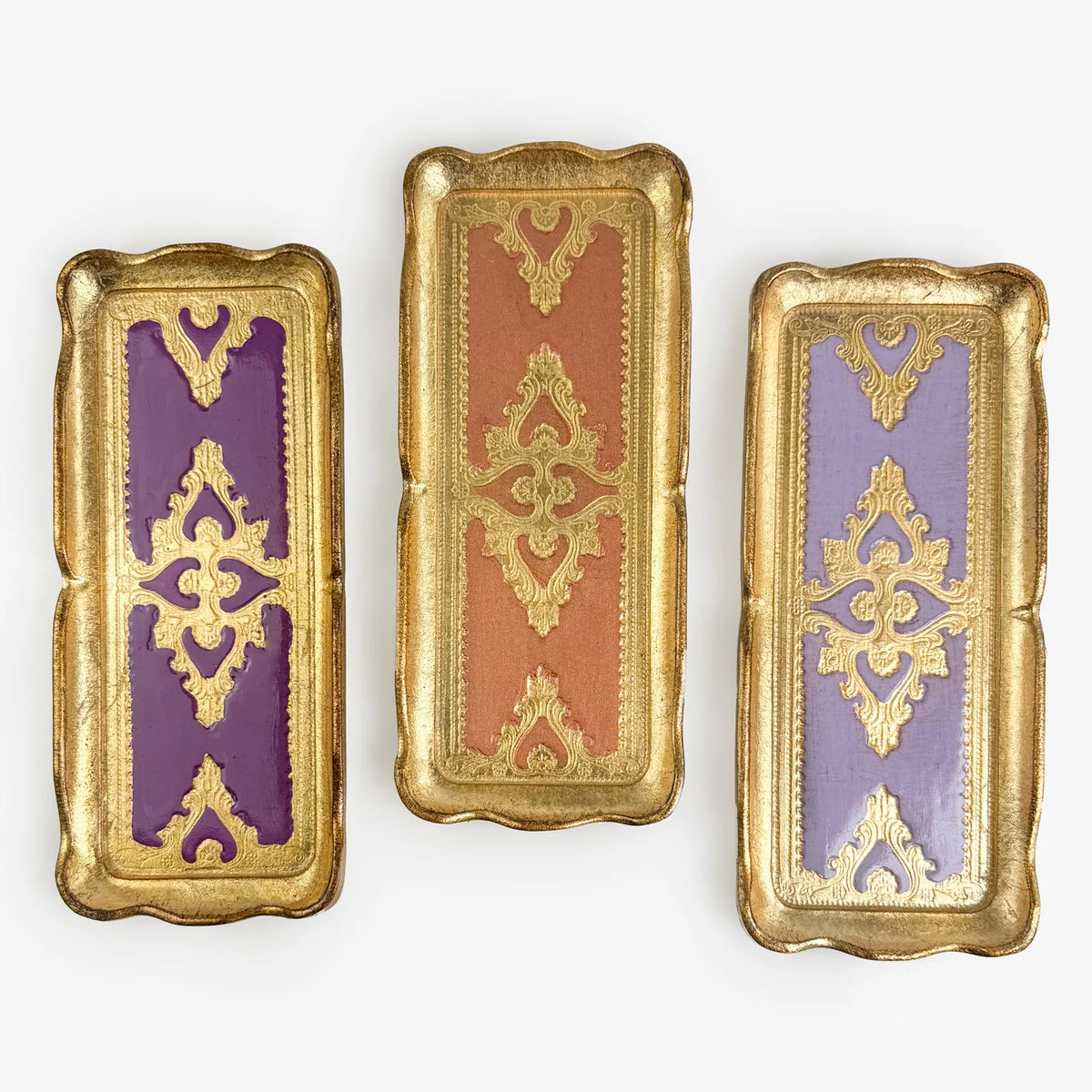 Decorative Florentine carved gilded wood narrow tray with intricate designs, crafted in Italy for elegant home decor.