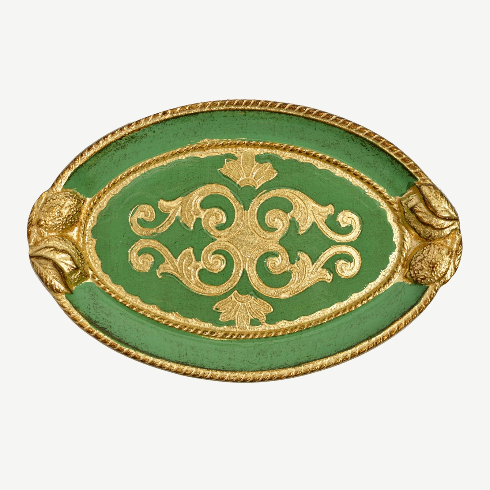 Decorative Florentine carved wood oval tray with lemon design from My Italian Decor, featuring intricate patterns and a warm finish.
