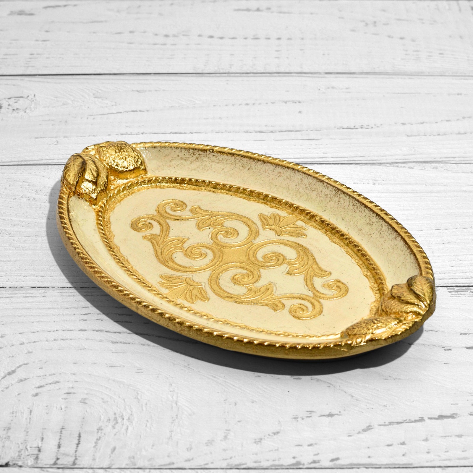 Decorative Florentine carved wood oval tray with lemon design from My Italian Decor, featuring intricate carvings and a warm finish.