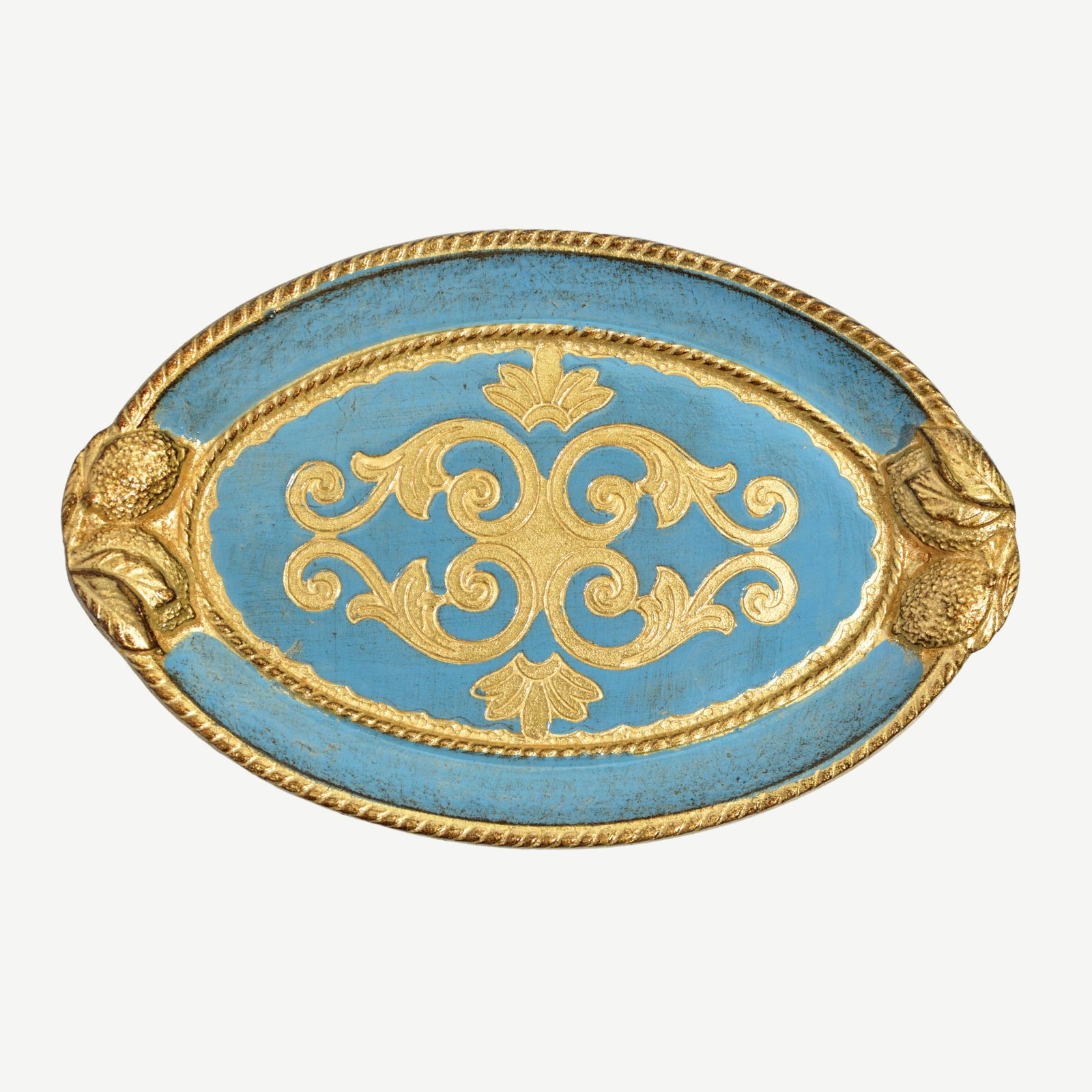 Decorative Florentine carved wood oval tray with lemon design from My Italian Decor, featuring intricate patterns and a warm finish.