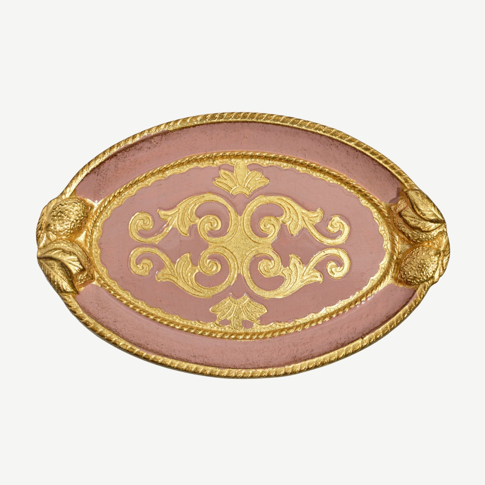Decorative Florentine carved wood oval tray with lemon design from My Italian Decor, featuring intricate patterns and a warm finish.