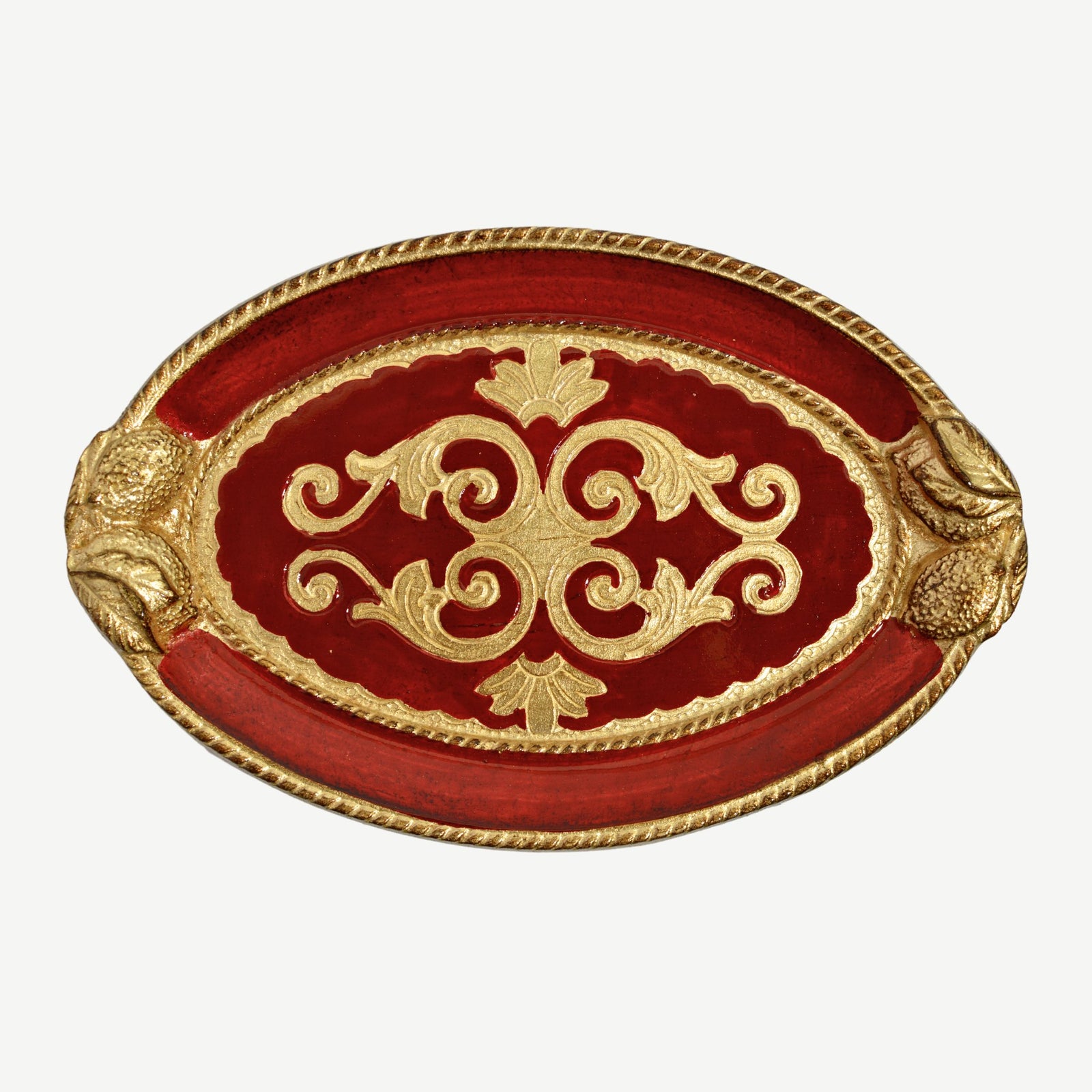 Decorative Florentine carved wood oval tray with lemon design from My Italian Decor, featuring intricate patterns and a warm finish.