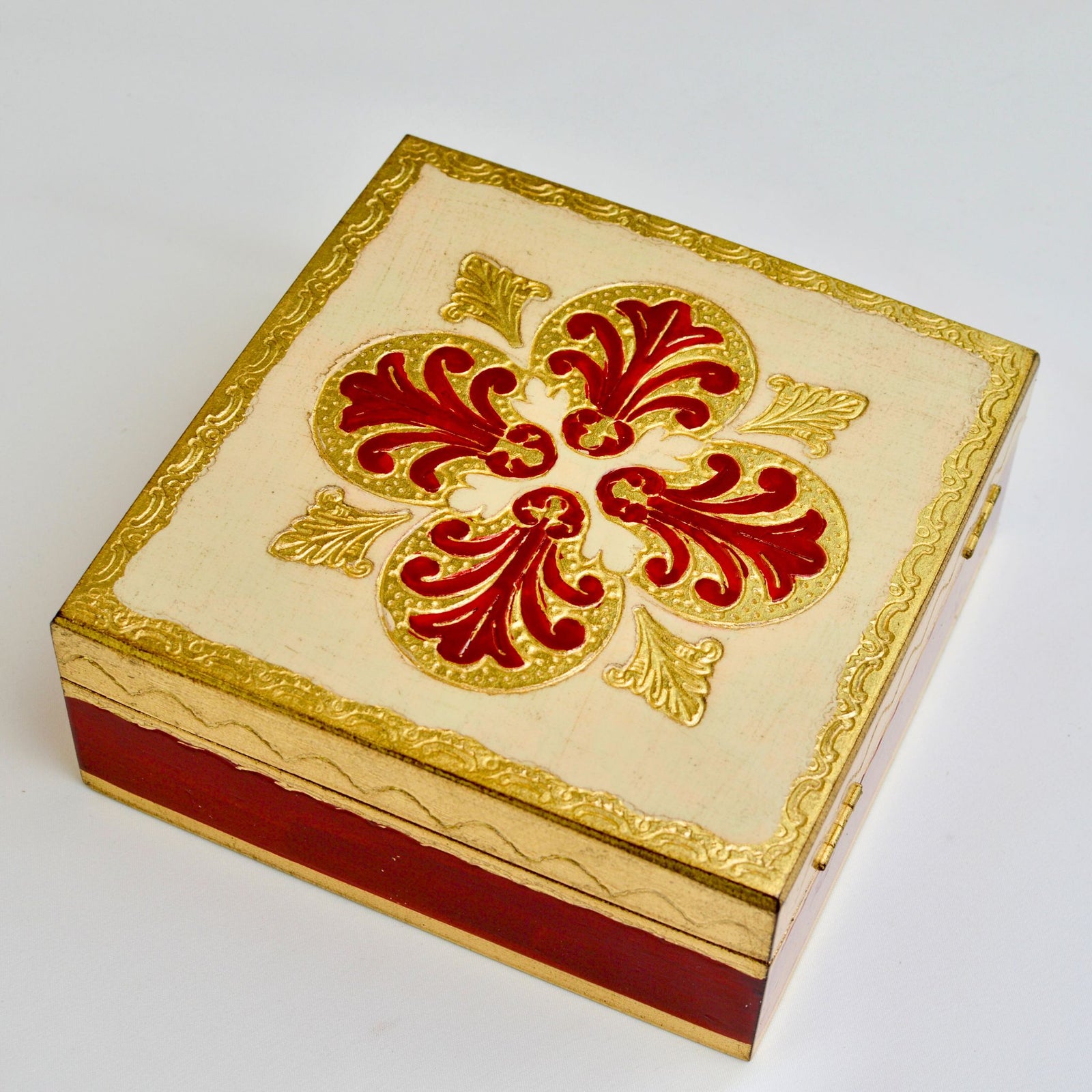 Colorful Florentine carved square jewelry box by My Italian Decor, measuring 6x6 inches, with intricate Italian design details.