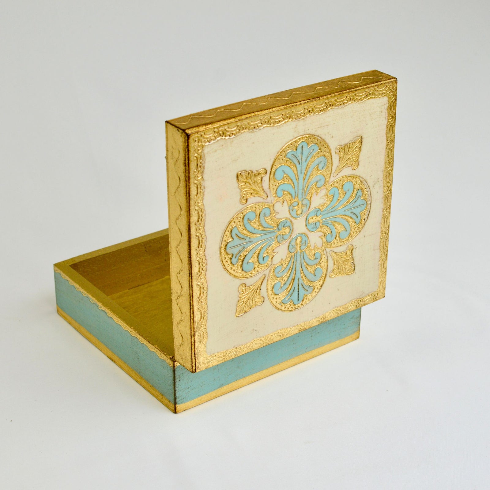 Colorful Florentine carved square jewelry box by My Italian Decor, measuring 6x6 inches, with intricate Italian design details.