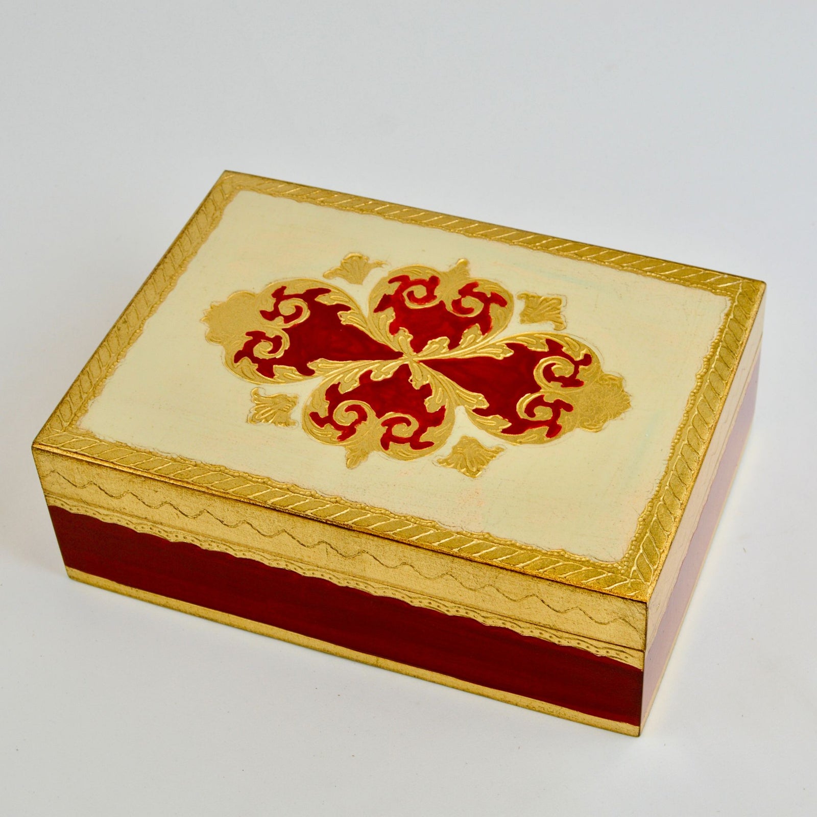 Large Florentine carved rectangular jewelry box by My Italian Decor with floral patterns, measuring 8x10 inches for jewelry storage.