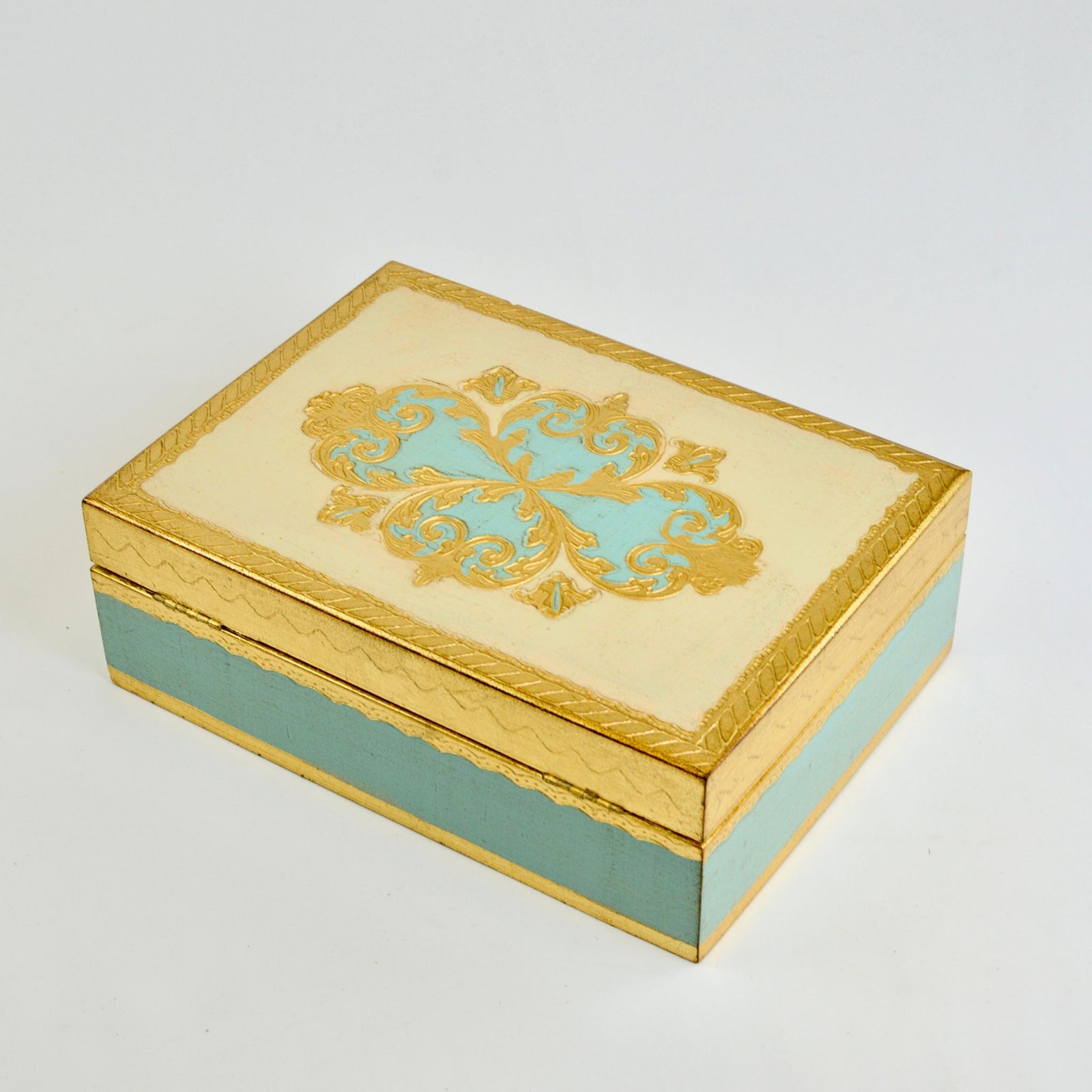 Large Florentine carved rectangular jewelry box by My Italian Decor with floral patterns, measuring 8x10 inches for jewelry storage.