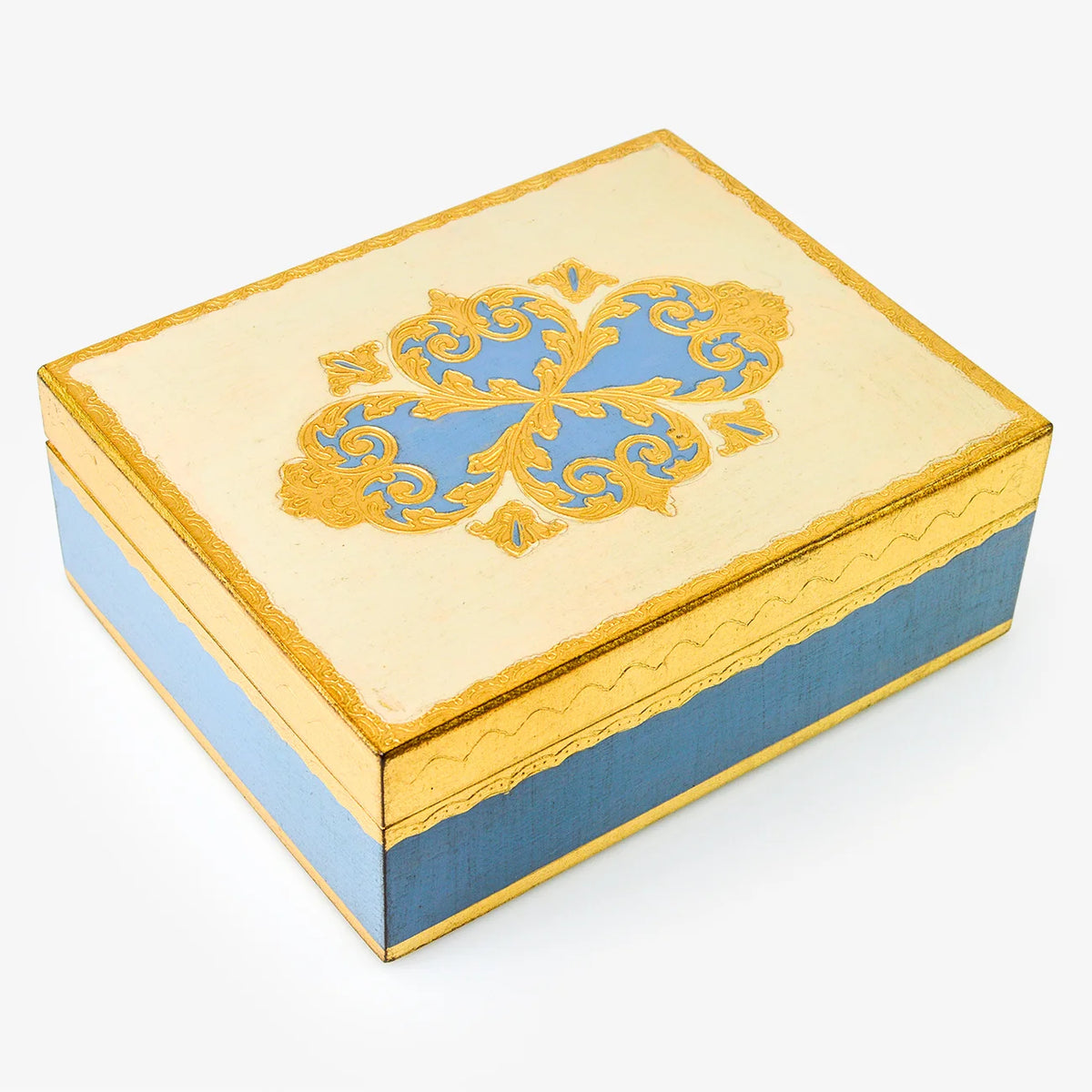Large Florentine carved rectangle jewelry storage box by My Italian Decor, 8x9 inches with intricate blue design.