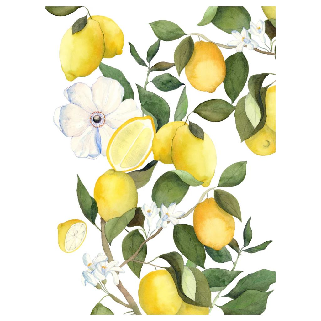 My Italian Decor Amalfi Lemons linen kitchen towel with vibrant lemon print, ideal for kitchen decor and drying dishes.