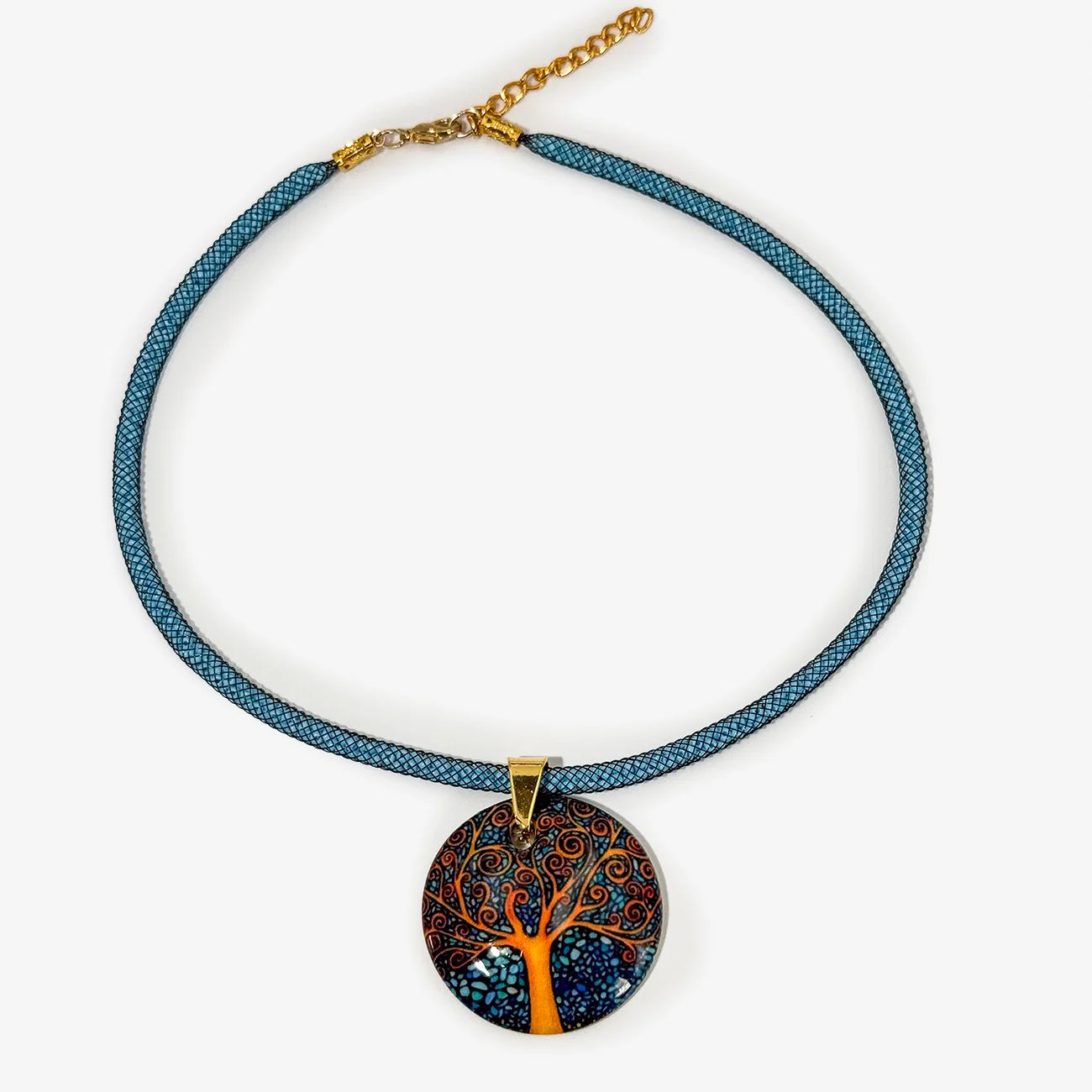 Art pendant necklace featuring designs inspired by Van Gogh, Gustav Klimt, and Kandinsky, with intricate artwork displayed on the pendant.