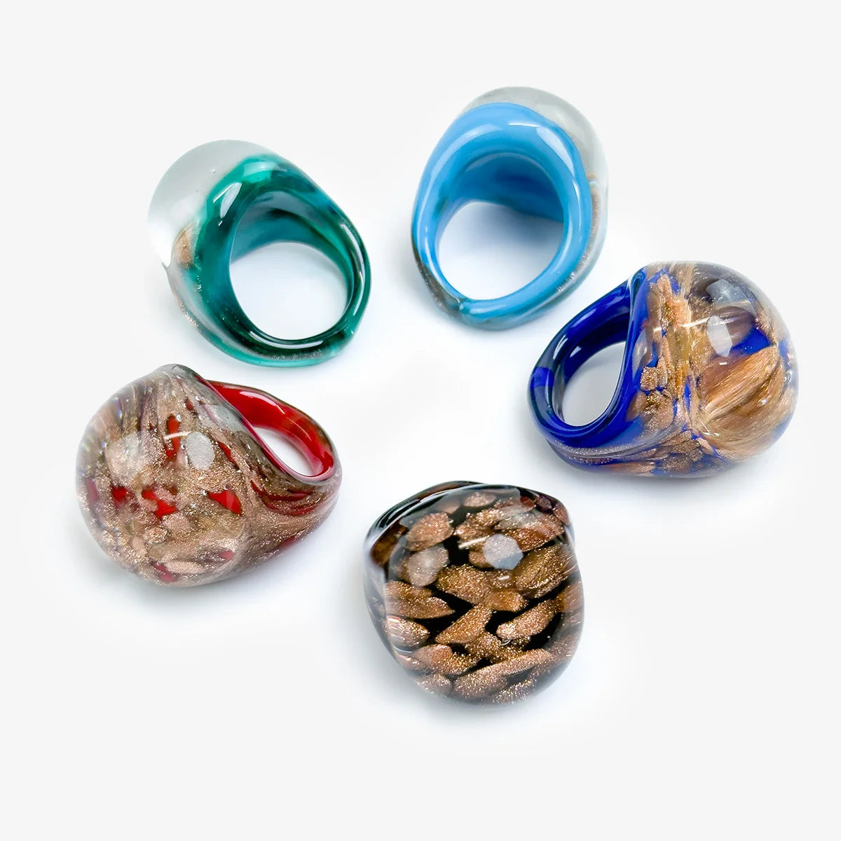Colorful Bombato Avventurina Murano glass ring by My Italian Decor, showcasing vibrant, handcrafted Italian jewelry in five colors.