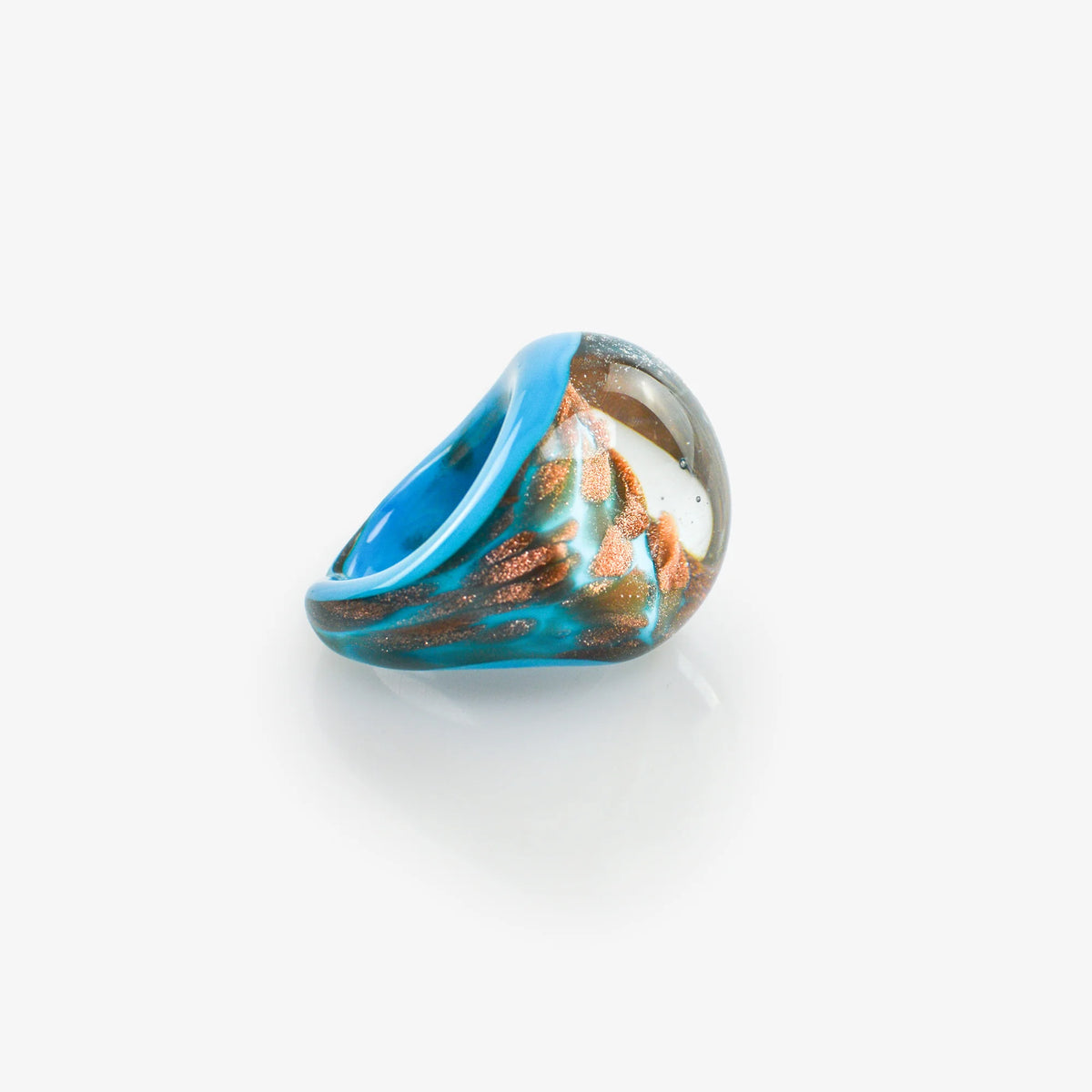 Aqua blue Murano glass ring with aventurina details, handcrafted in Italy by My Italian Decor.