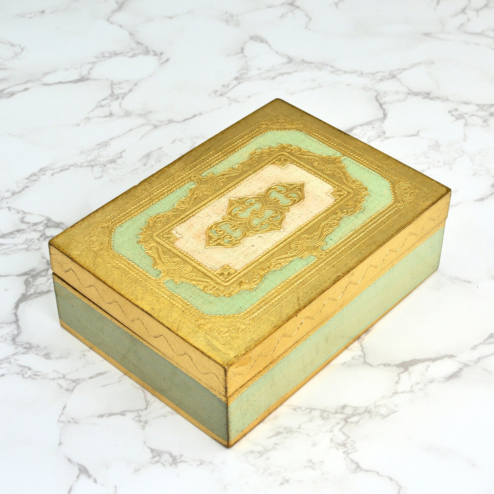 Florentine carved wood jewelry storage box with intricate design, measuring 5x7 inches, by My Italian Decor.