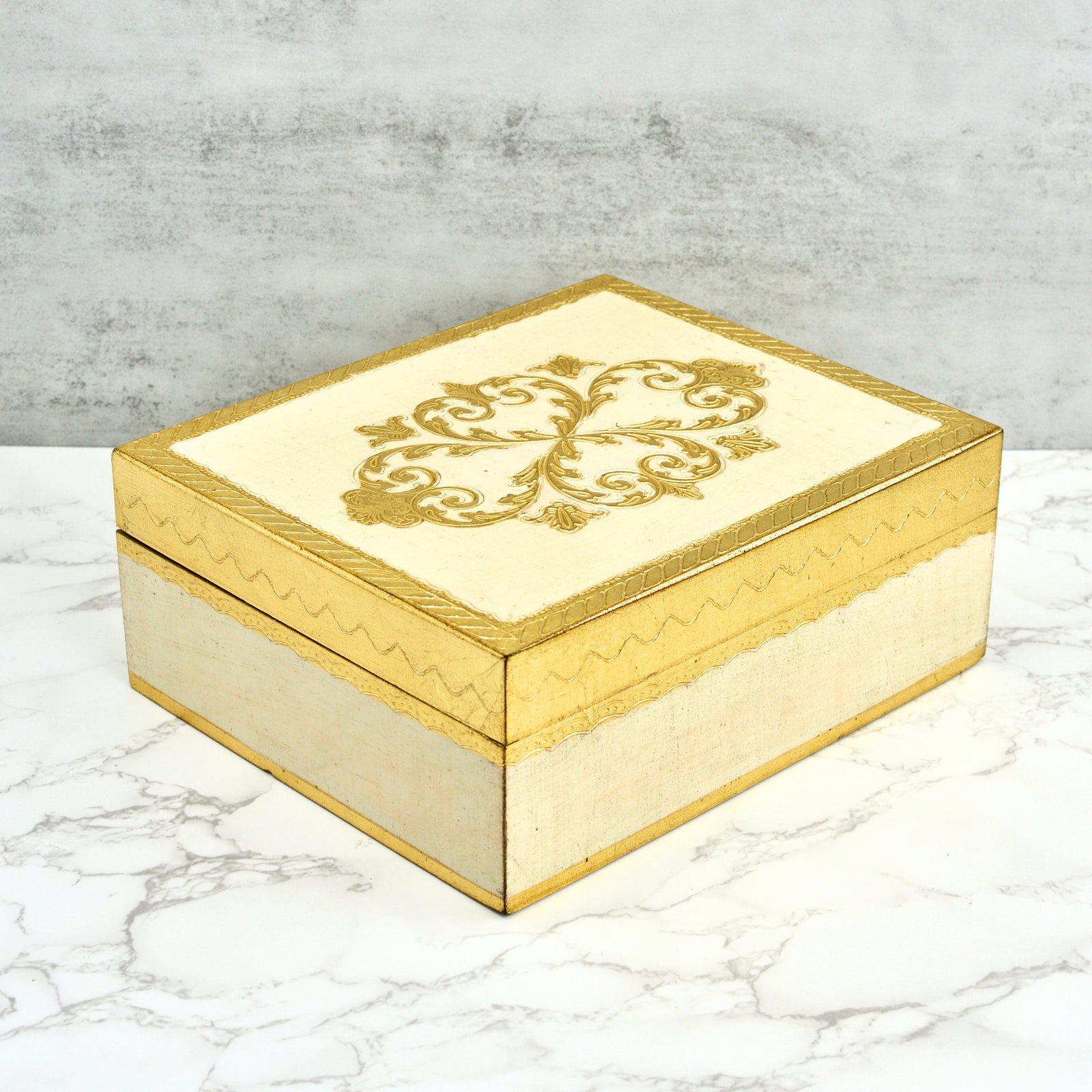 Large Florentine carved rectangular jewelry box by My Italian Decor with floral patterns, measuring 8x10 inches for jewelry storage.