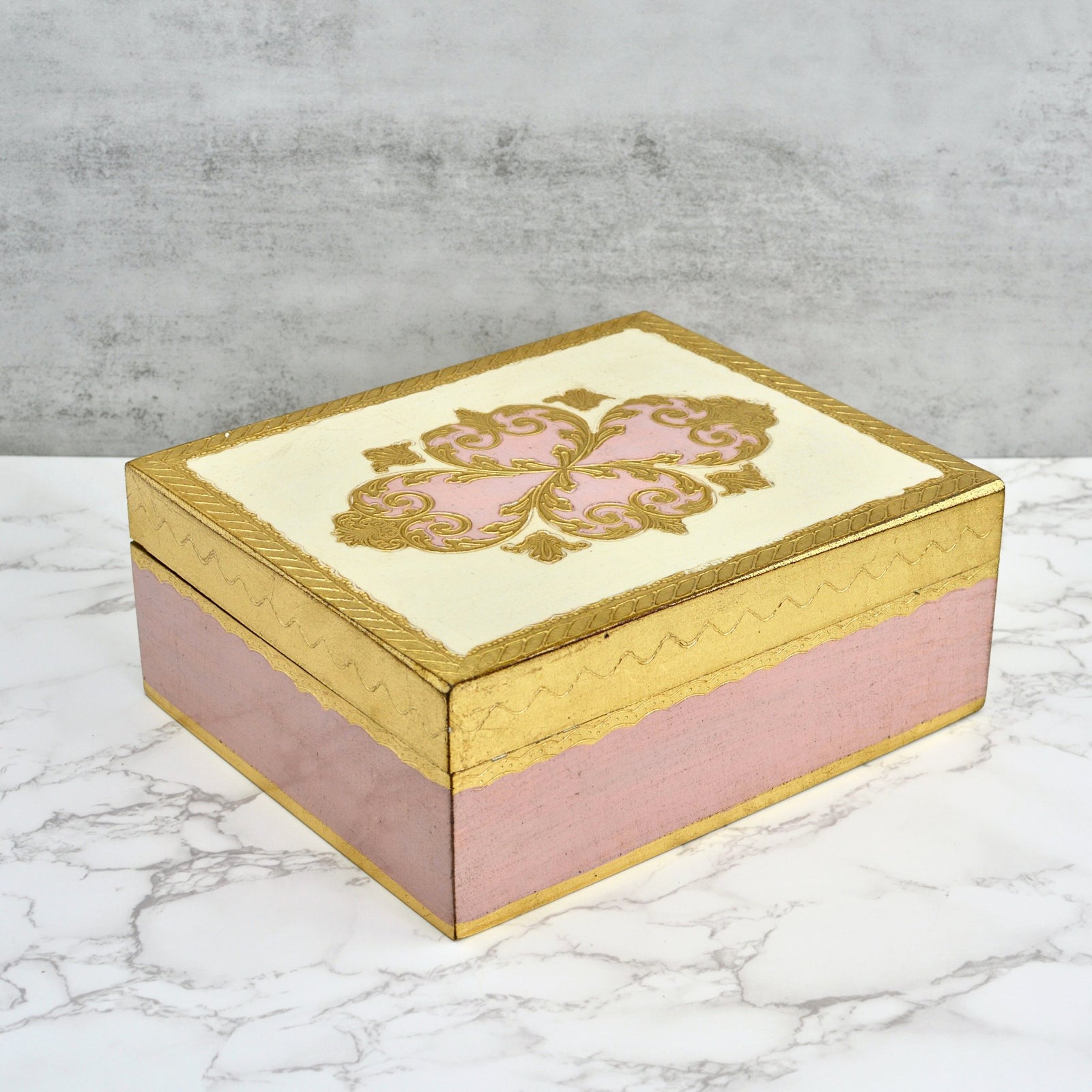 Large Florentine carved rectangular jewelry box by My Italian Decor with floral patterns, measuring 8x10 inches for jewelry storage.