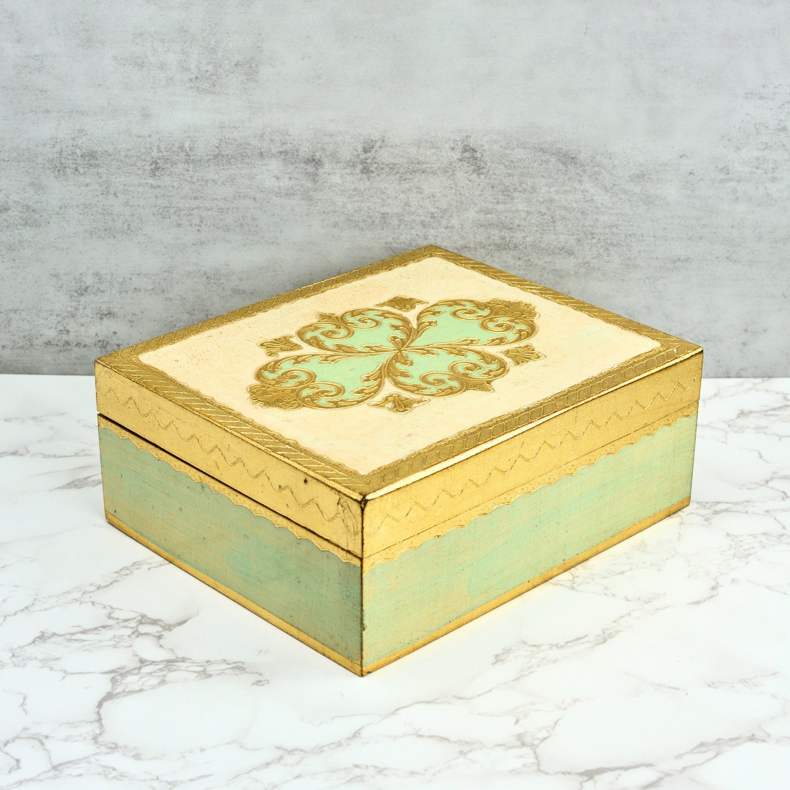 Large Florentine carved rectangular jewelry box by My Italian Decor with floral patterns, measuring 8x10 inches for jewelry storage.