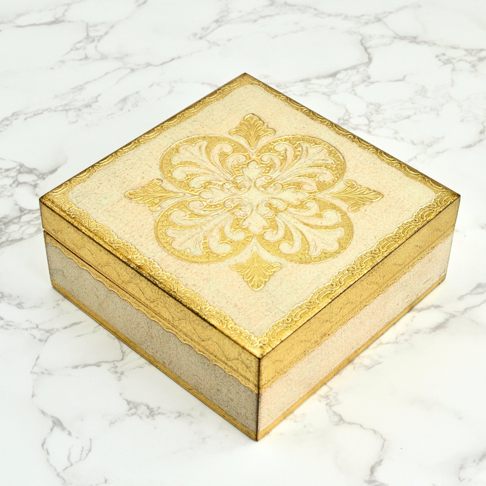Colorful Florentine carved square jewelry box by My Italian Decor, measuring 6x6 inches, with intricate Italian design details.