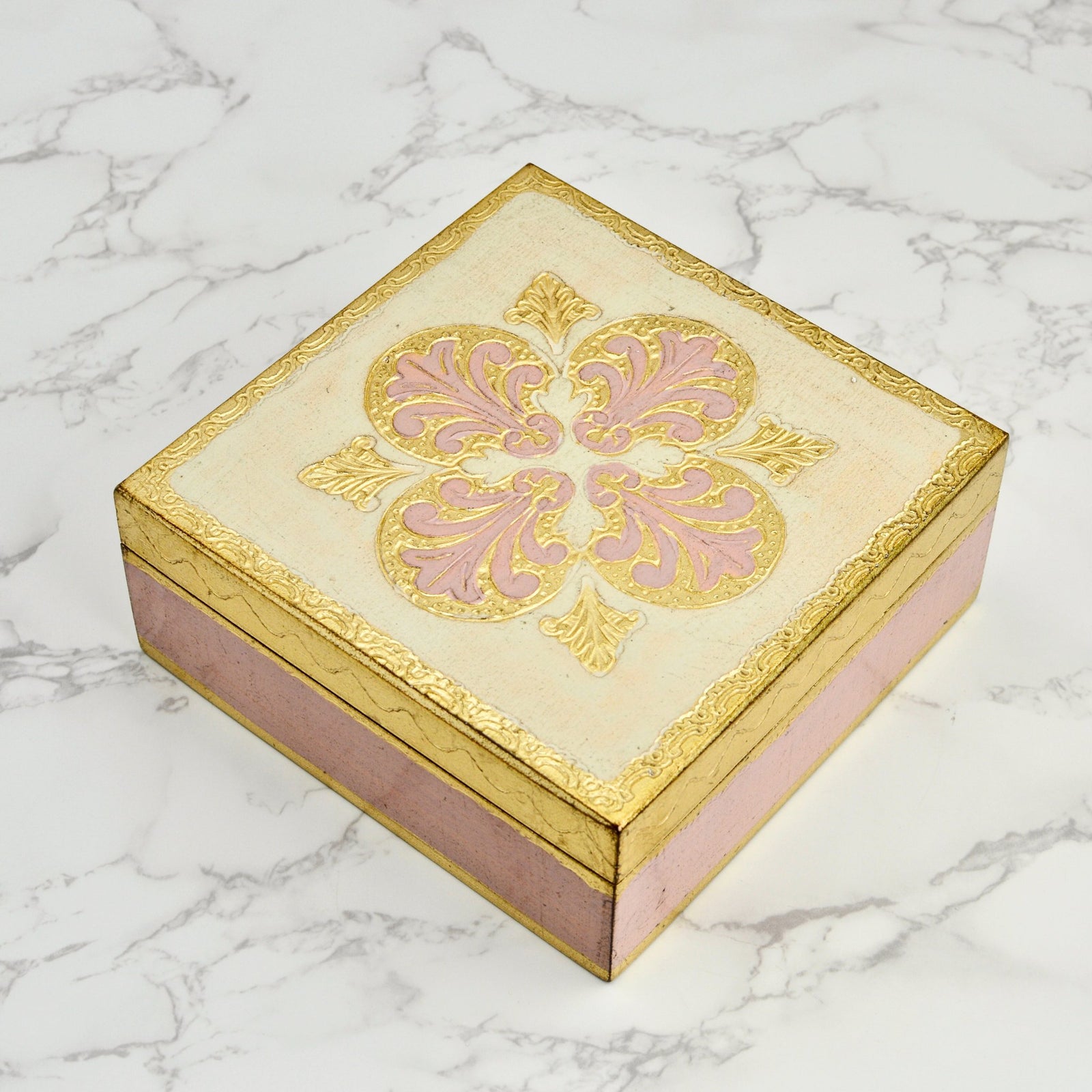 Colorful Florentine carved square jewelry box by My Italian Decor, measuring 6x6 inches, with intricate Italian design details.