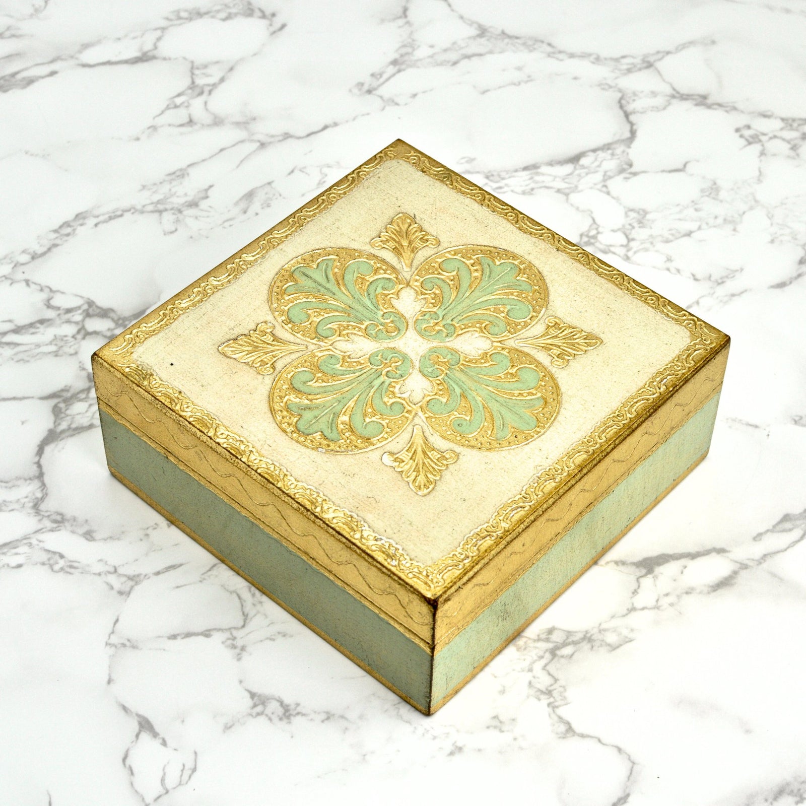Colorful Florentine carved square jewelry box by My Italian Decor, measuring 6x6 inches, with intricate Italian design details.
