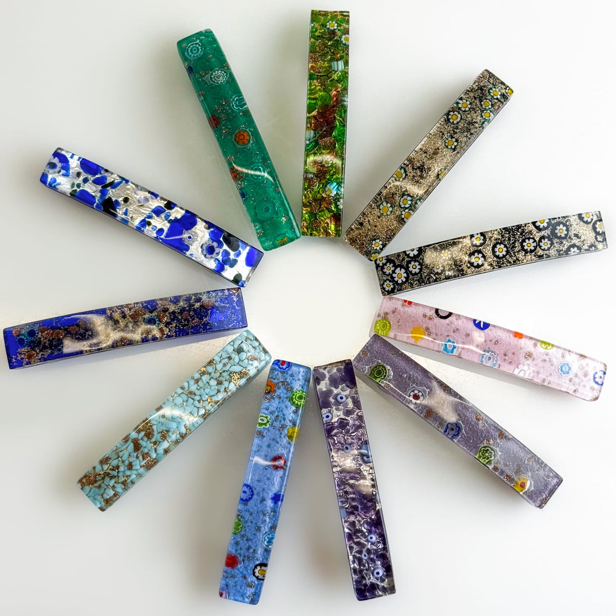 Murano glass hair barrette by My Italian Decor featuring colorful handcrafted glass and a sleek metal clip for elegant styling.