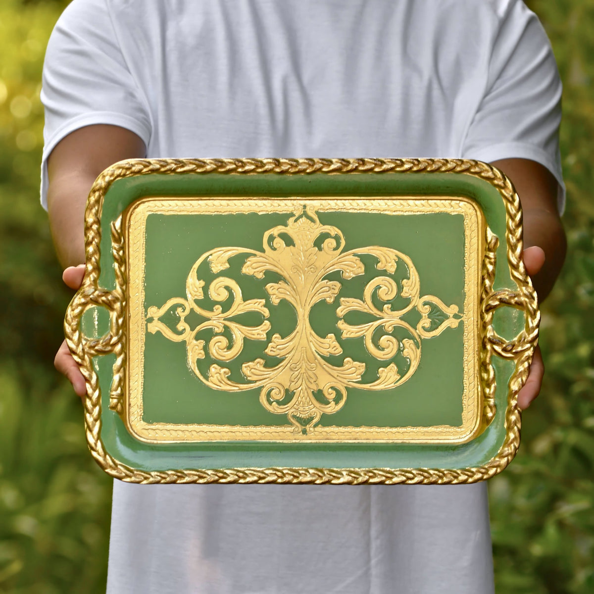 Florentine Carved Wood Tray, Gilded, Gold Rectangle, Made in Italy