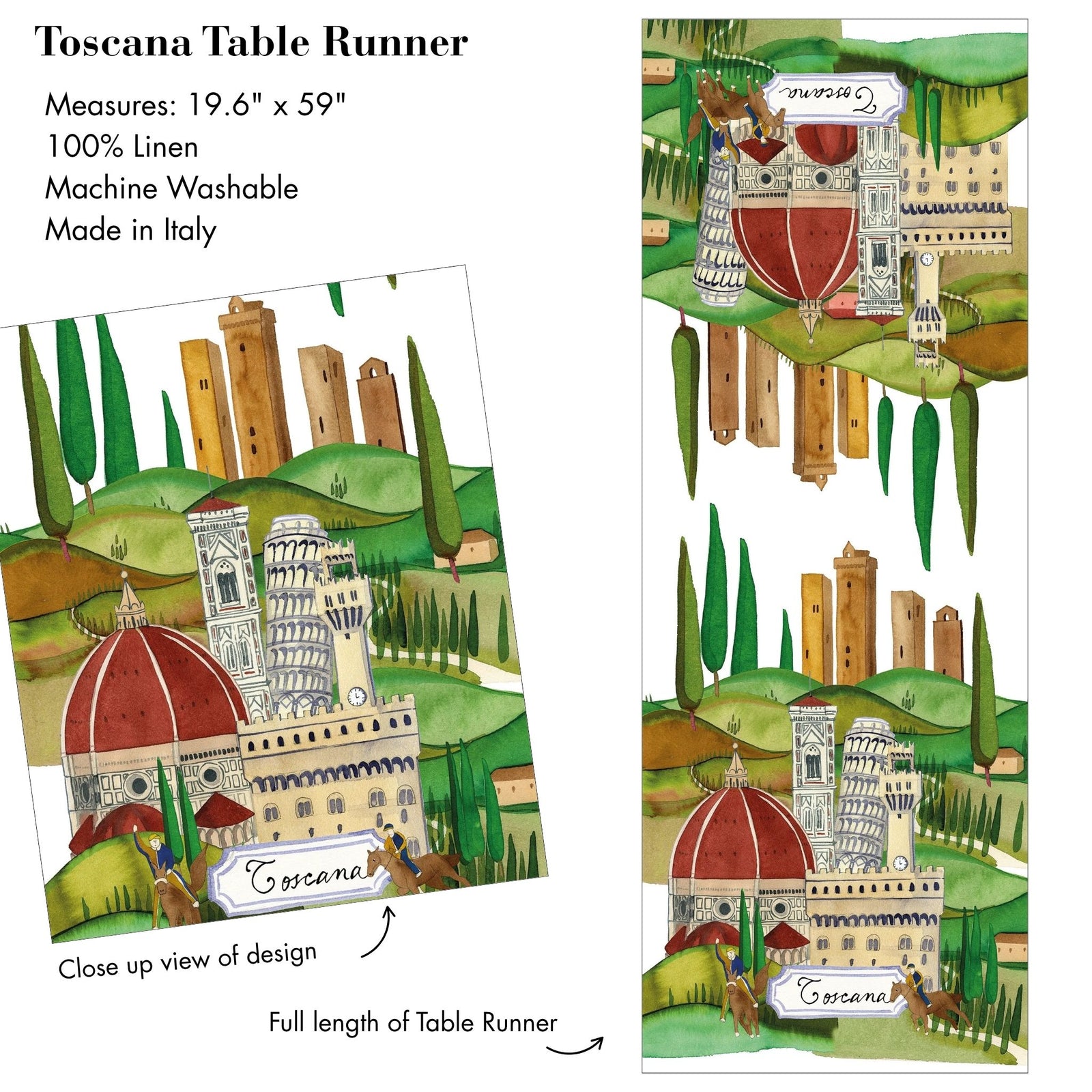 Bell'Italia linen table runner in Positano or Toscana style, made in Italy, displayed on a dining table with elegant fabric.