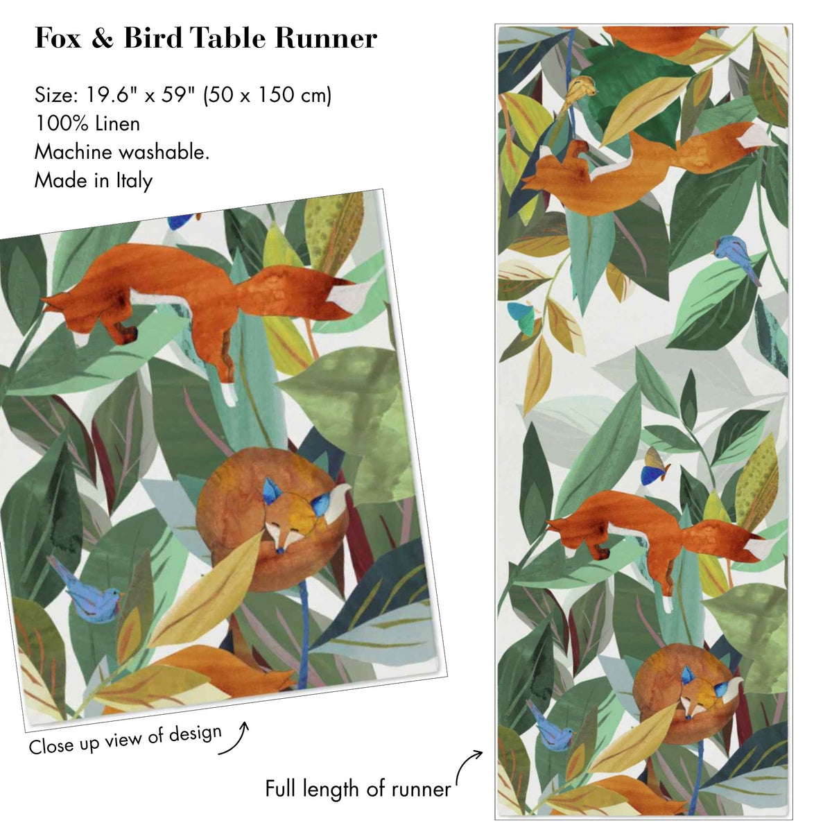 Fox &amp; Bird Table Runner, 100% Italian Cotton Satin, Made in Italy
