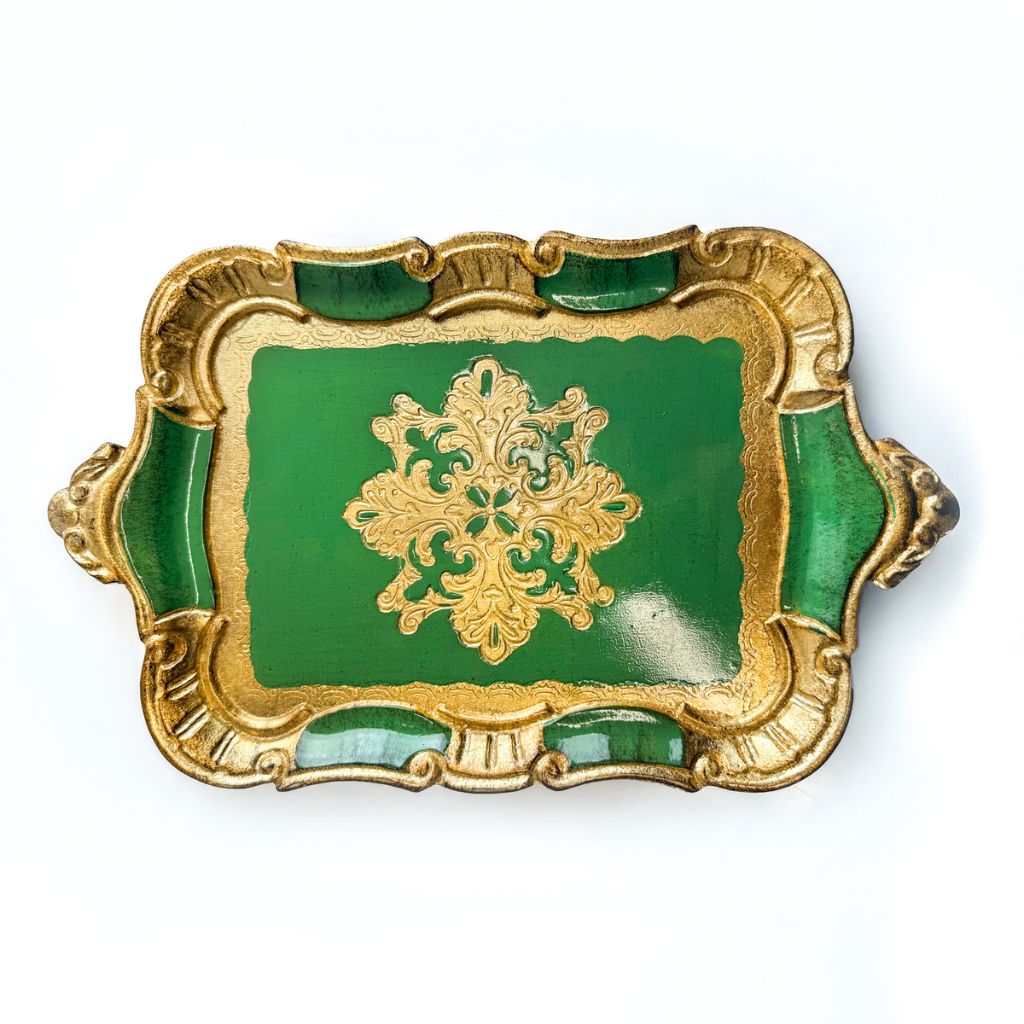 Small Florentine Carved Wood Tray with handles, Made in Italy