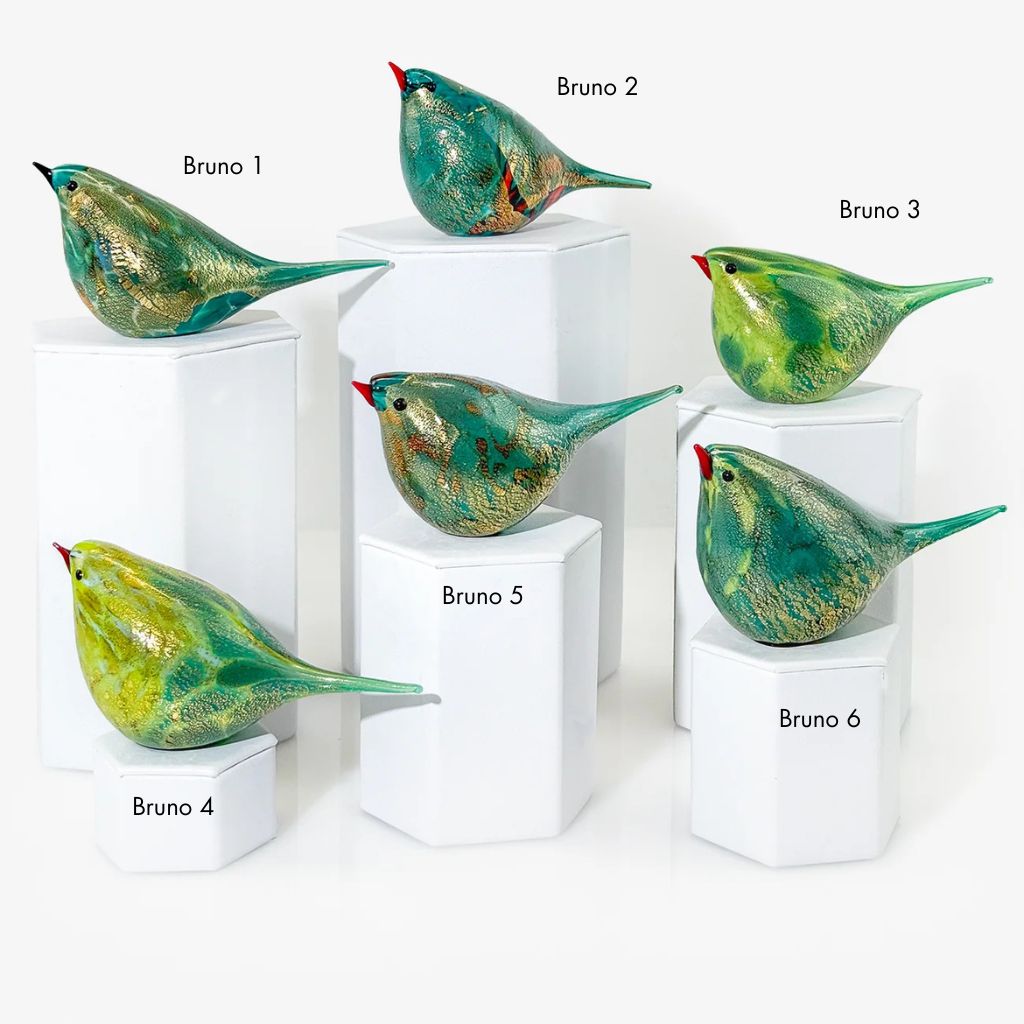 Murano blown glass Bruno Chirpie bird figurine by My Italian Decor, showcasing colorful glass art and intricate craftsmanship.