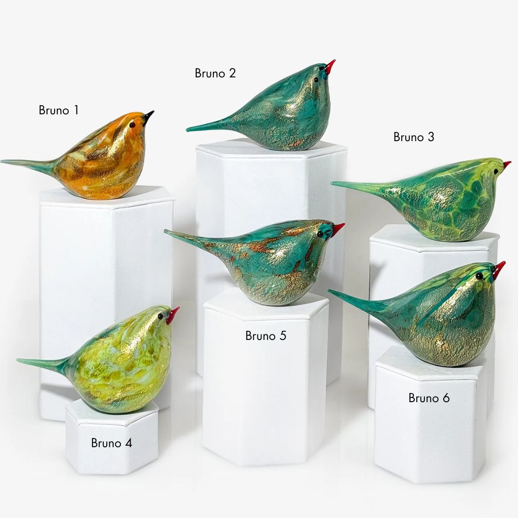 Murano blown glass Bruno Chirpie bird figurine by My Italian Decor, colorful glass art sculpture with intricate details.