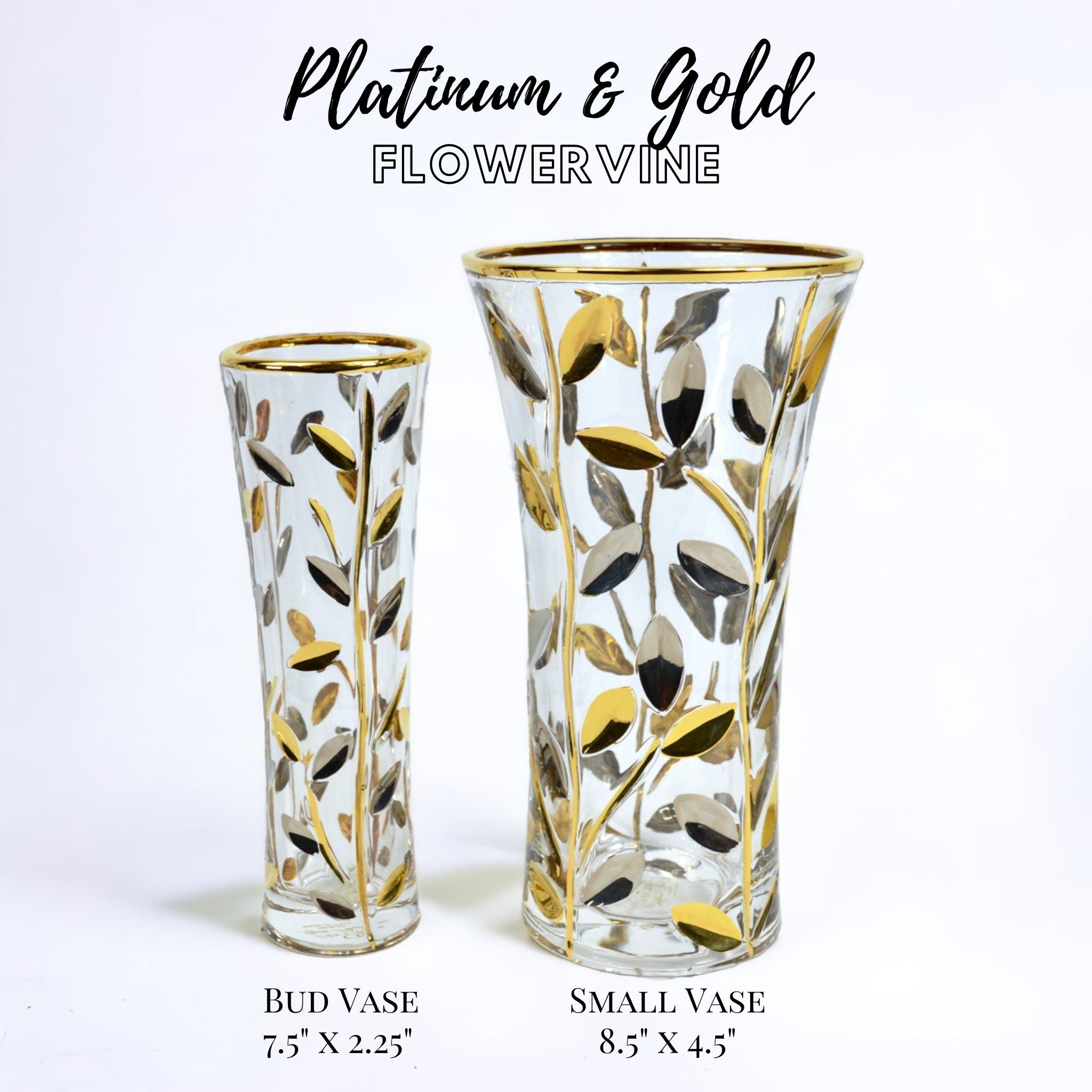 Elegant Flowervine platinum and gold Italian crystal bud vase with intricate design, perfect for floral displays and decorative accents.