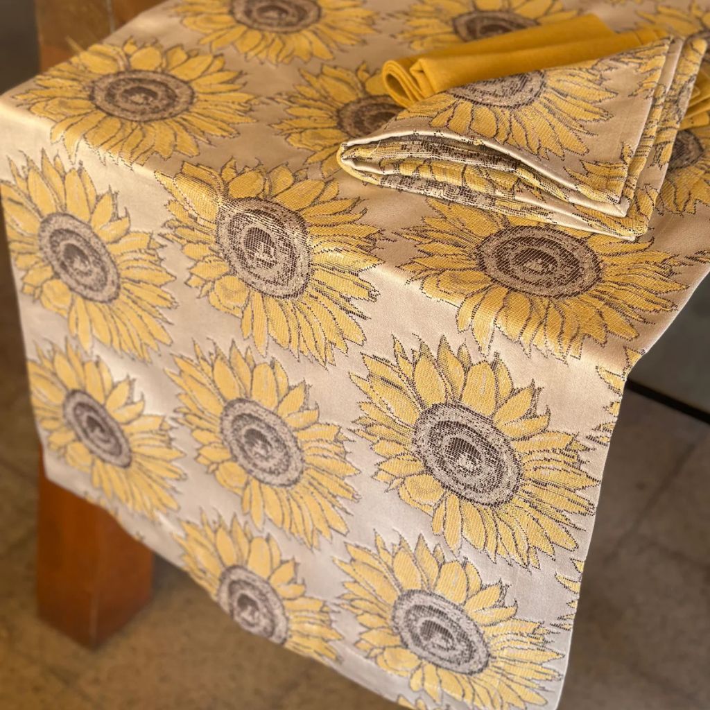 Busatti Van Gogh Sunflowers table runner by My Italian Decor featuring vibrant sunflower design on elegant fabric.