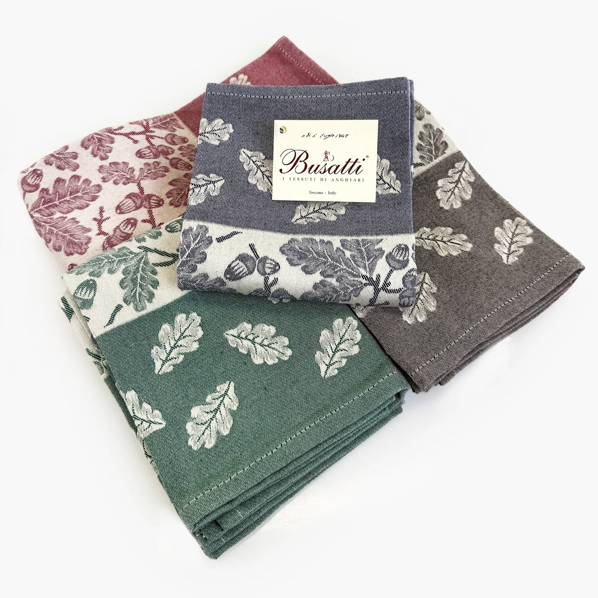 Busatti Acorn kitchen towel in assorted colors, made in Italy, featuring a woven design and soft fabric for kitchen use.