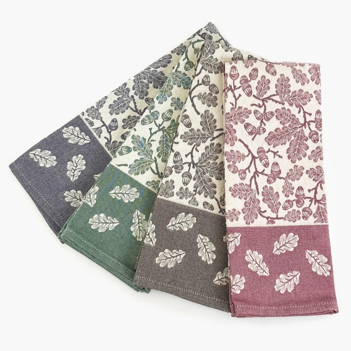 Busatti Acorn kitchen towel in assorted colors, made in Italy, with detailed embroidery and soft cotton fabric.