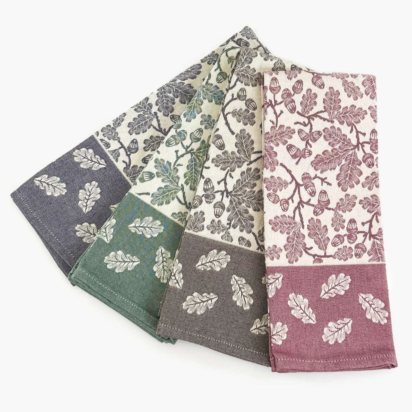 Busatti Acorn kitchen towel in assorted colors, made in Italy, featuring woven fabric and decorative acorn patterns.