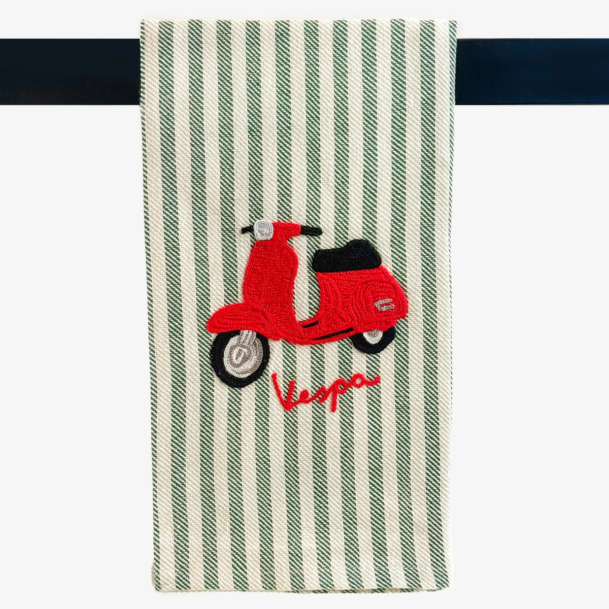 Busatti Vespa embroidered kitchen towel in assorted colors, made in Italy, featuring detailed Vespa scooter design.