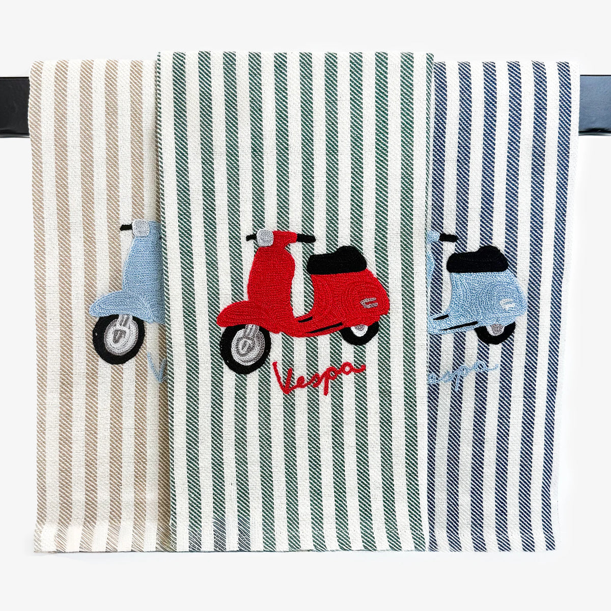 Busatti Vespa embroidered kitchen towel in assorted colors, made in Italy, featuring detailed Vespa scooter design on soft fabric.