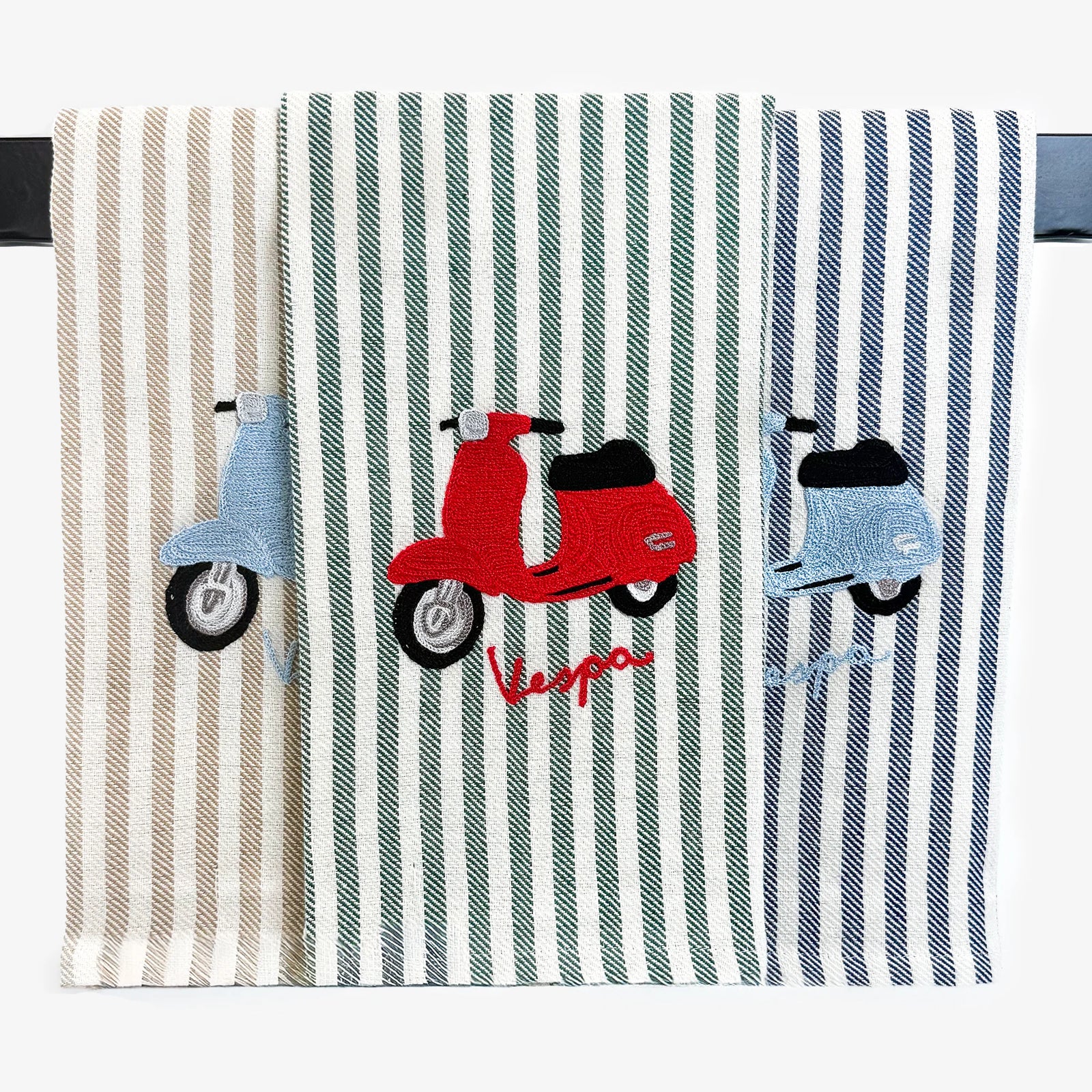 Busatti Vespa embroidered kitchen towel in assorted colors, made in Italy, featuring detailed Vespa scooter embroidery for stylish kitchen decor.