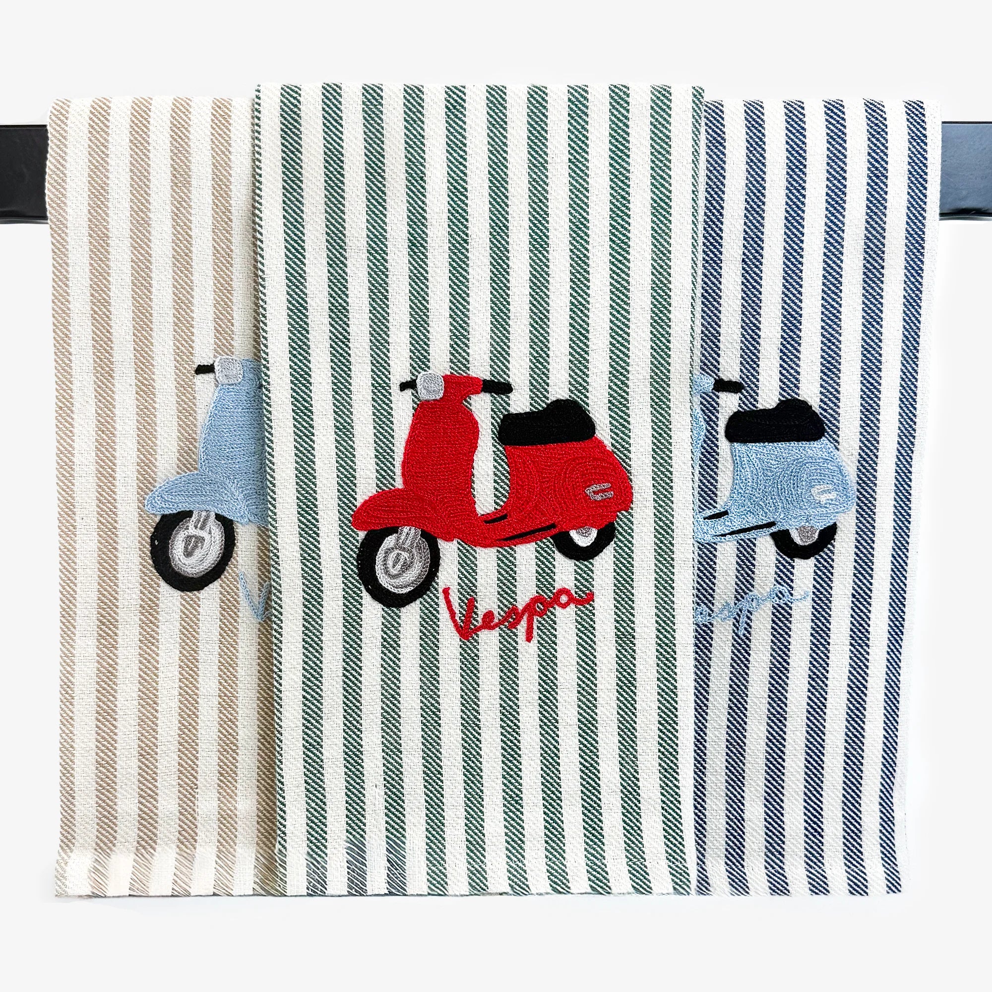 Busatti Vespa embroidered kitchen towel in assorted colors, made in Italy, featuring detailed Vespa scooter design on soft fabric.