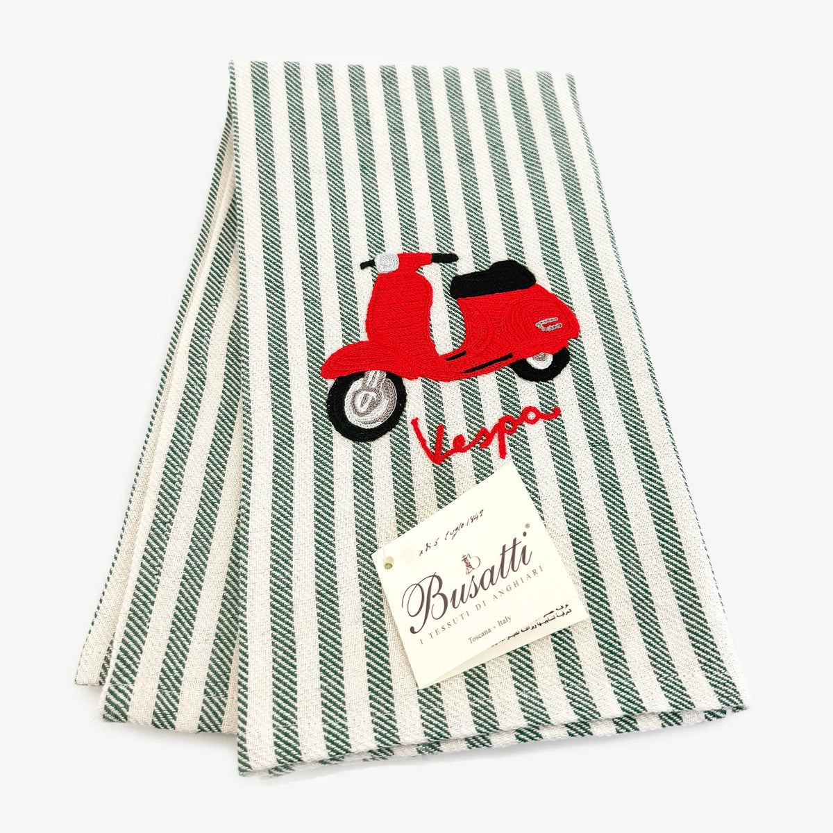 Busatti Vespa embroidered kitchen towel in assorted colors, made in Italy, featuring detailed Vespa scooter embroidery.