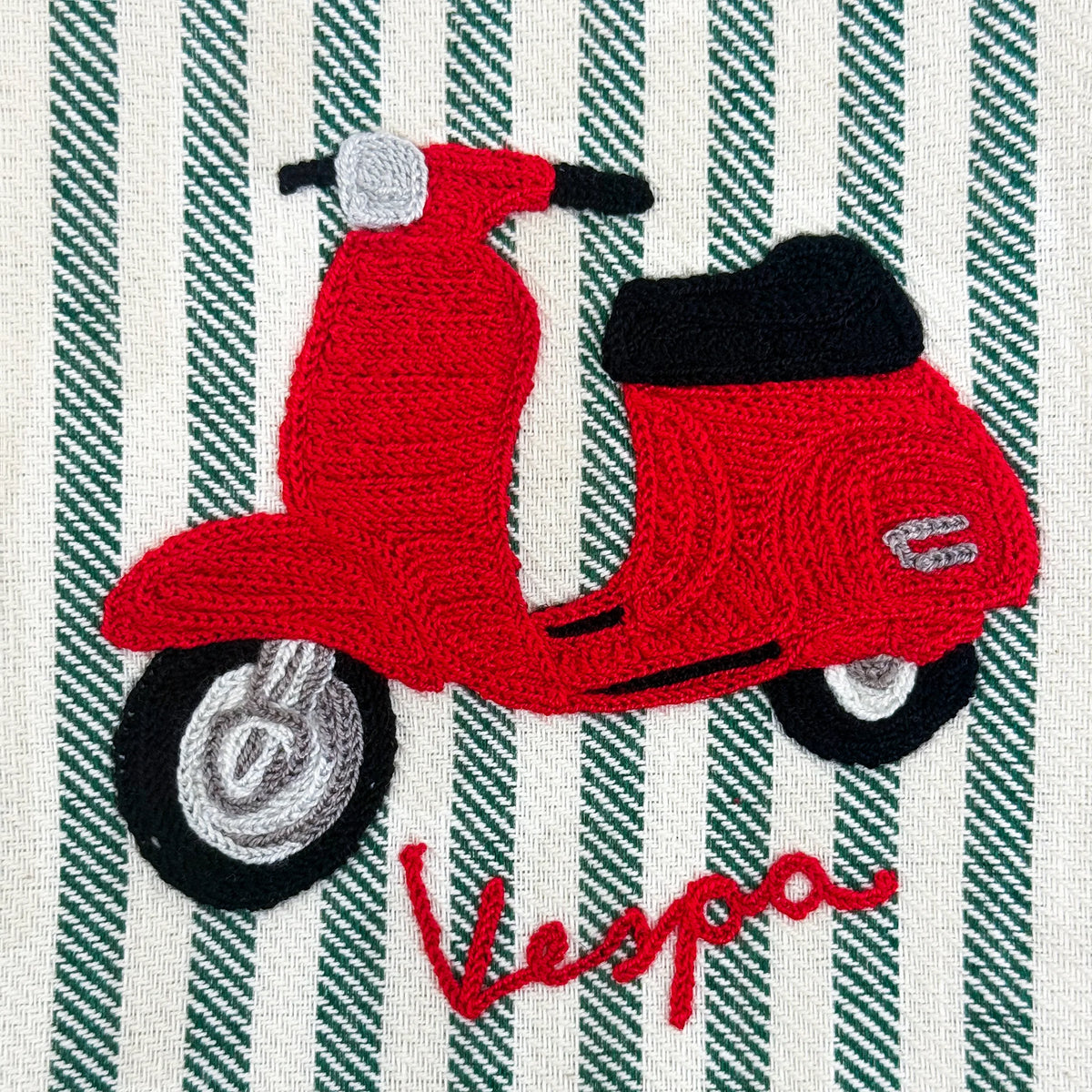 Busatti Vespa embroidered kitchen towel in assorted colors, made in Italy, with detailed Vespa scooter embroidery for a stylish touch.