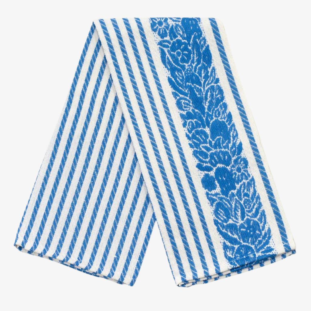 Busatti floral and stripe kitchen towel in assorted colors, made in Italy, featuring vibrant floral and striped fabric design