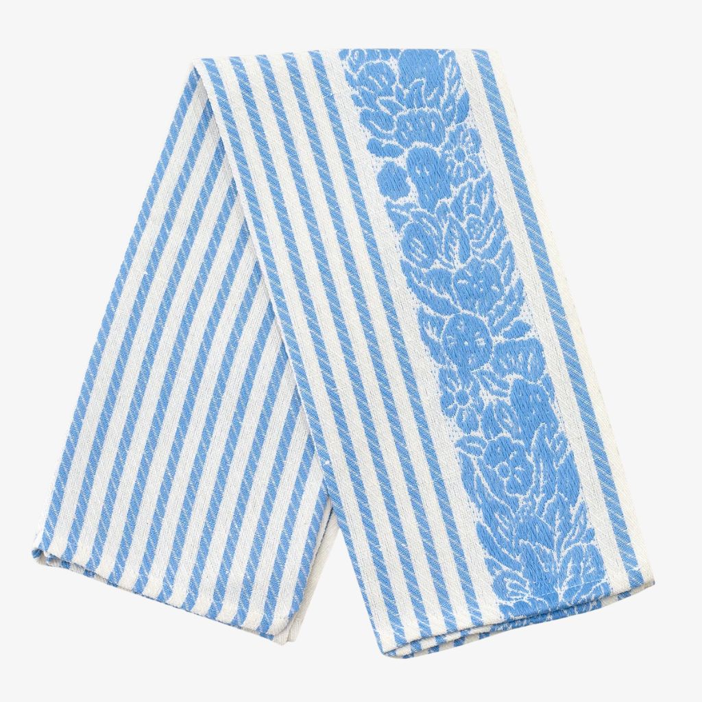 Busatti floral and stripe kitchen towel in assorted colors, made in Italy, showing vibrant fabric with floral and striped patterns.