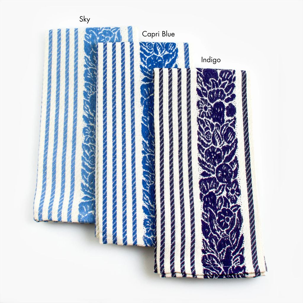 Busatti floral and stripe kitchen towel with assorted colors, made in Italy, featuring vibrant patterns and a branded label.