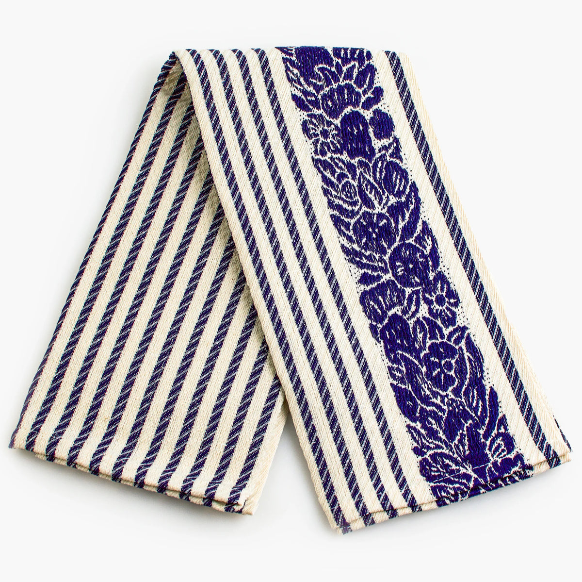 Busatti floral and stripe kitchen towel in assorted colors, made in Italy, showcasing vibrant fabric patterns and craftsmanship.