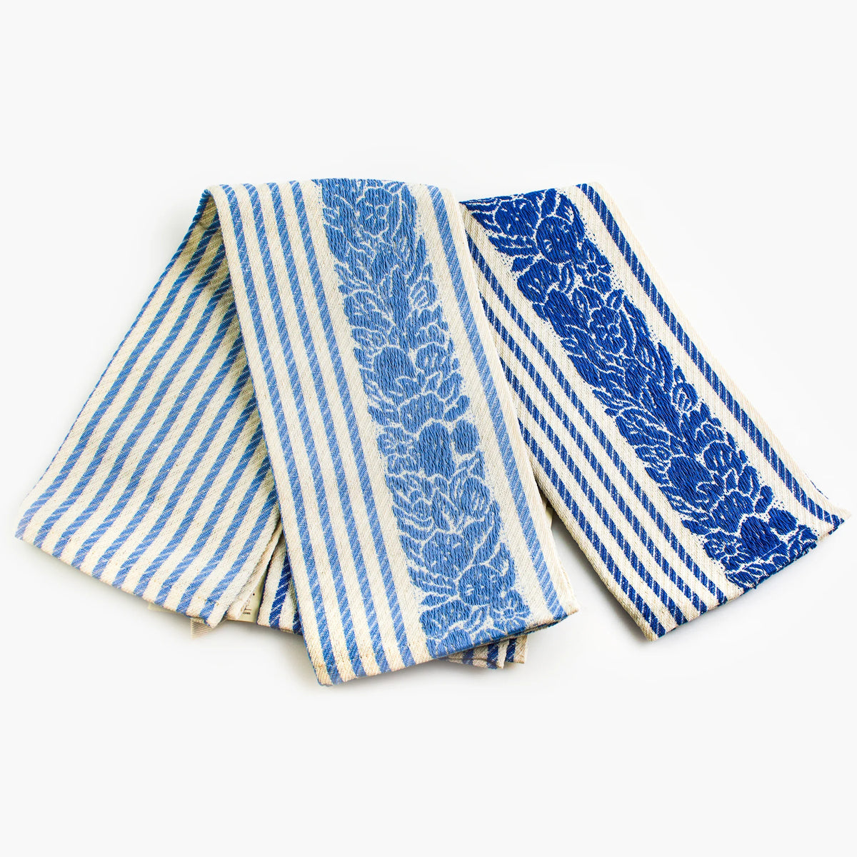 Busatti floral and stripe kitchen towel in assorted colors, made in Italy, featuring elegant floral and striped patterns.