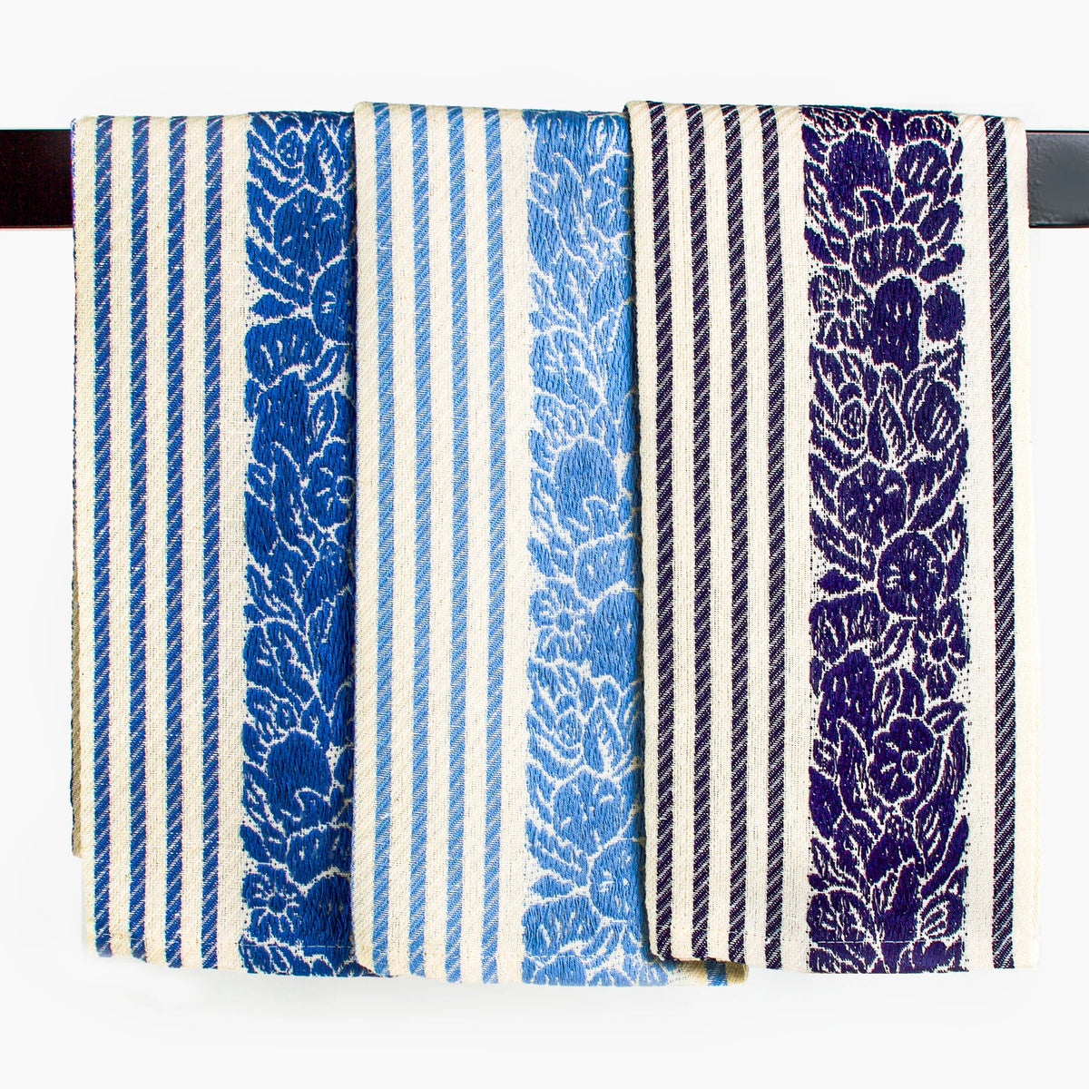 Busatti floral and stripe kitchen towel in assorted colors, made in Italy, featuring vibrant floral and striped patterns.