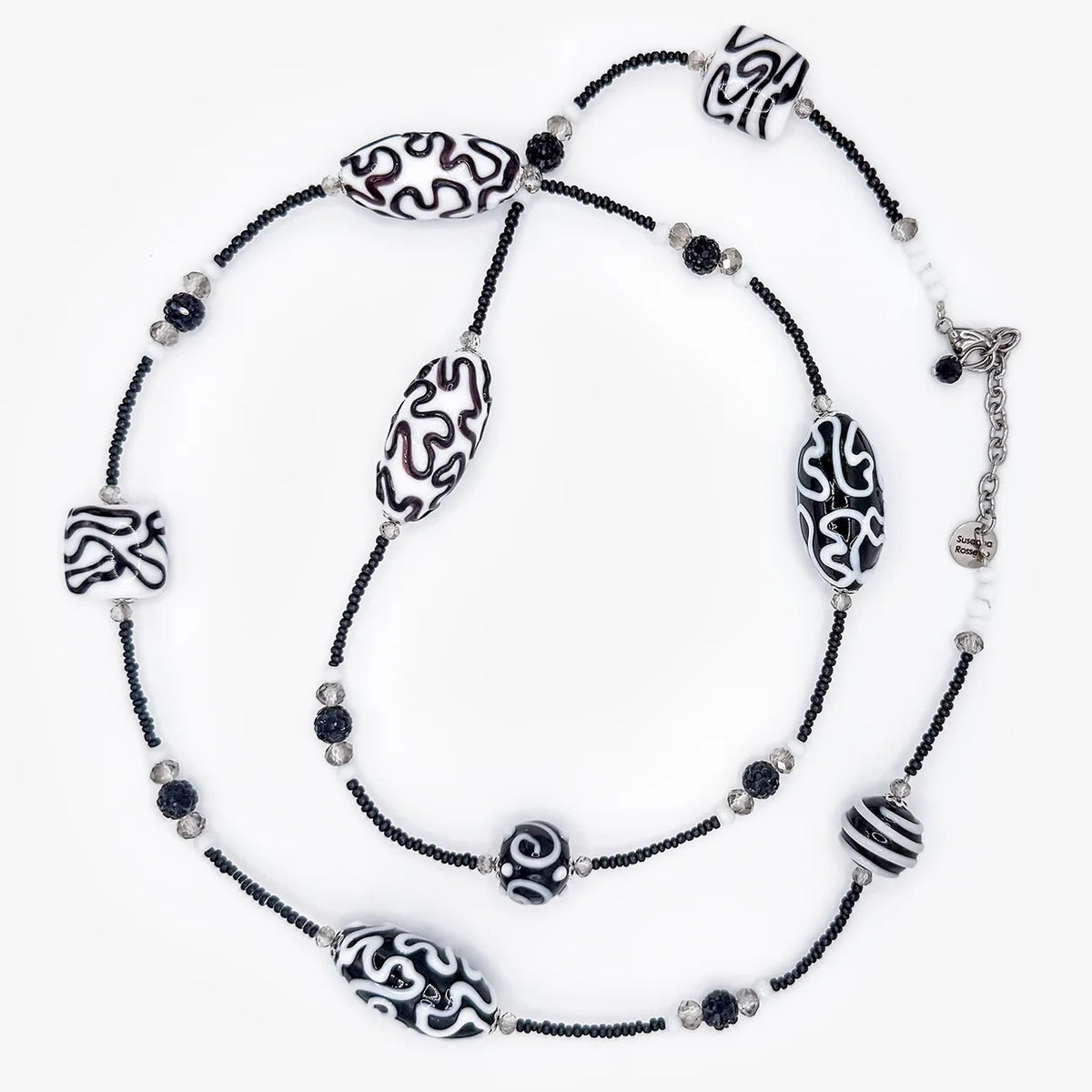 Long Black & White Beaded Necklace